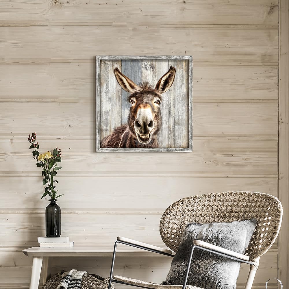 Framed Donkey Wall Art Bedroom: Rustic Living Room Wooden Painting Print Decor Funny Cute Animal Portrait Picture Farmhouse Nursery Home Artwork 20” x 20”