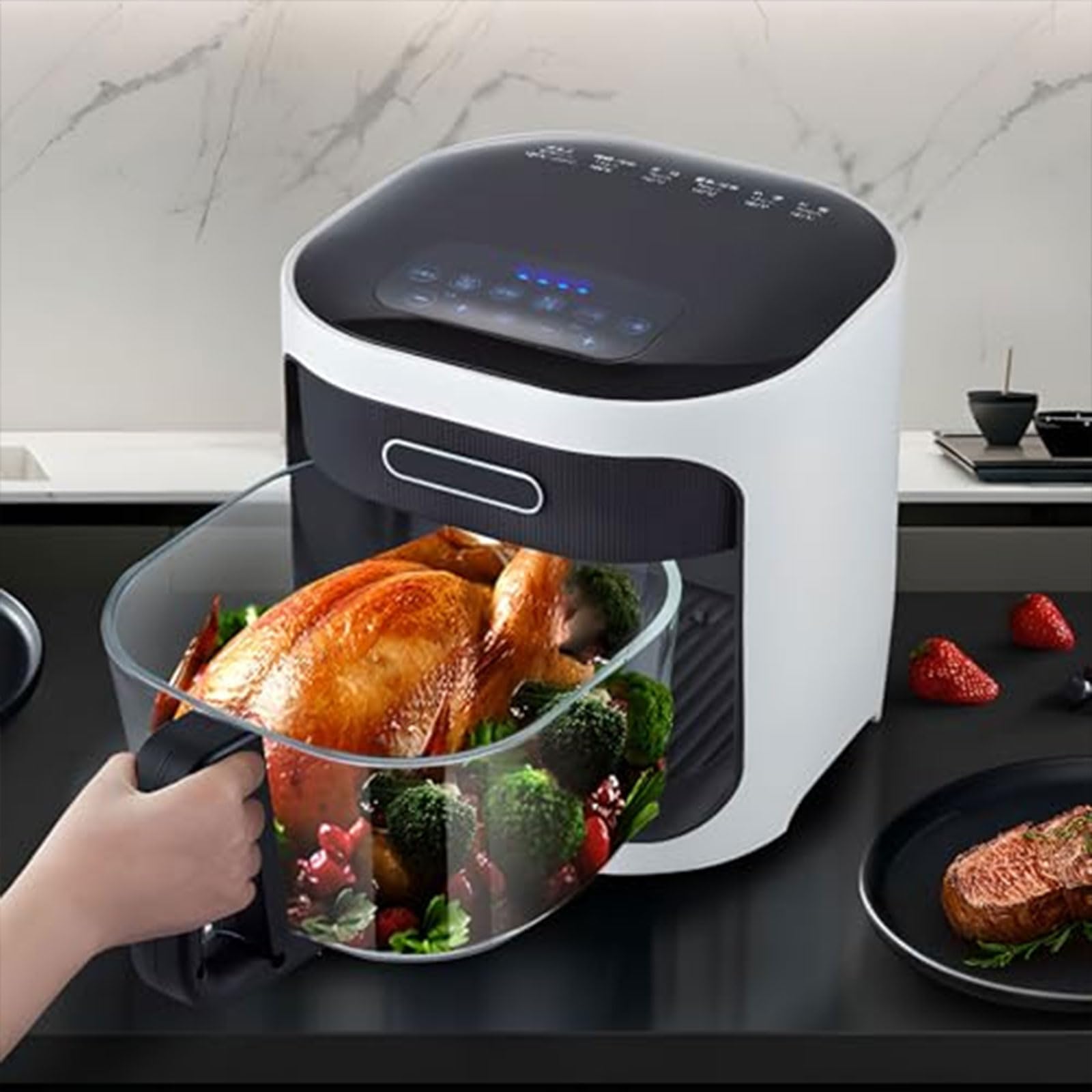 Freidora de aire de cristal de 1200W, 6L, Freidora de Aire de Cristal transparente con 7 modos preprogramados, freidora rápida sin aceite de 120-200℃