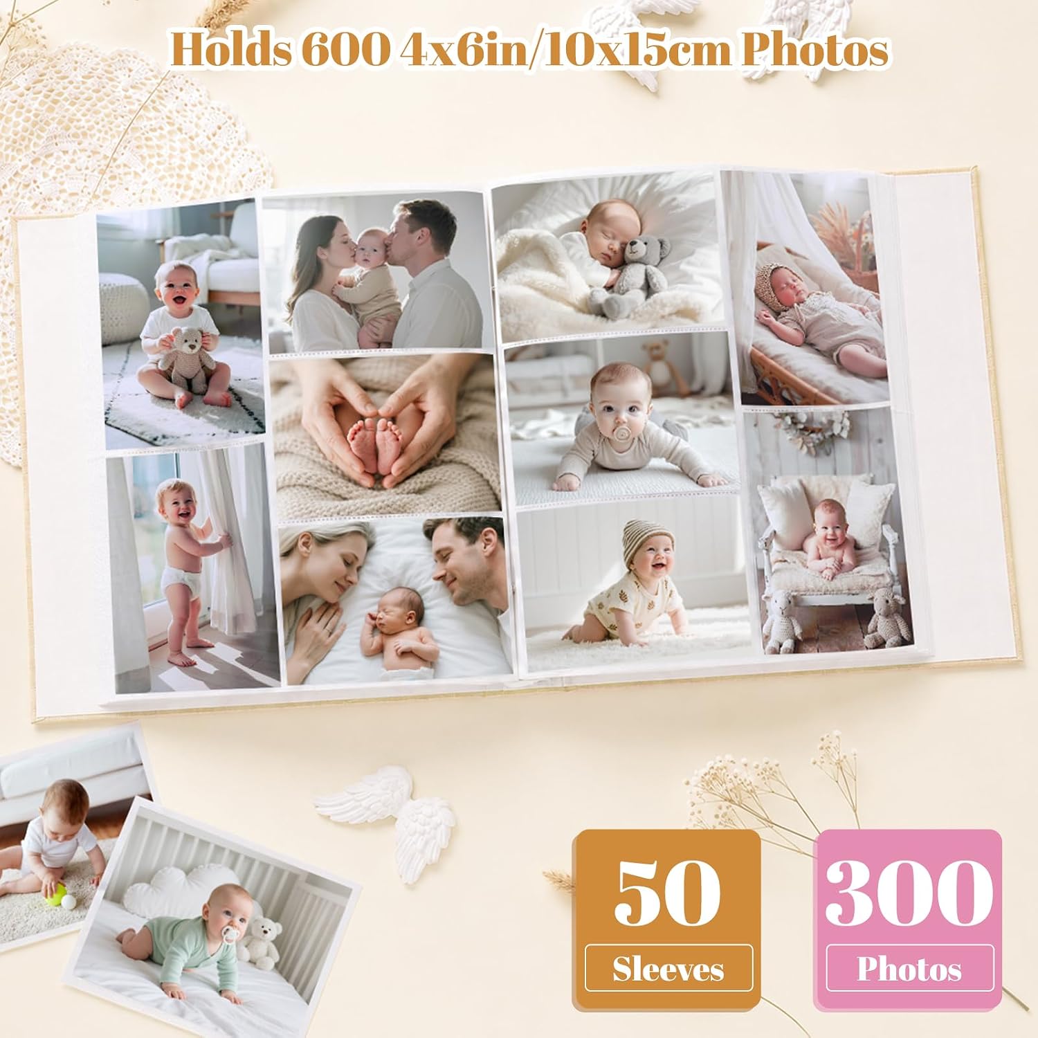 Baby Photo Album 4x6 600 Pockets with Memo Area & Hand and Footprint Kit, Linen Cover Slip-in Memory Book with Front Window, Acid-Free Keepsake for Newborn Boy Girl, First Year Moments