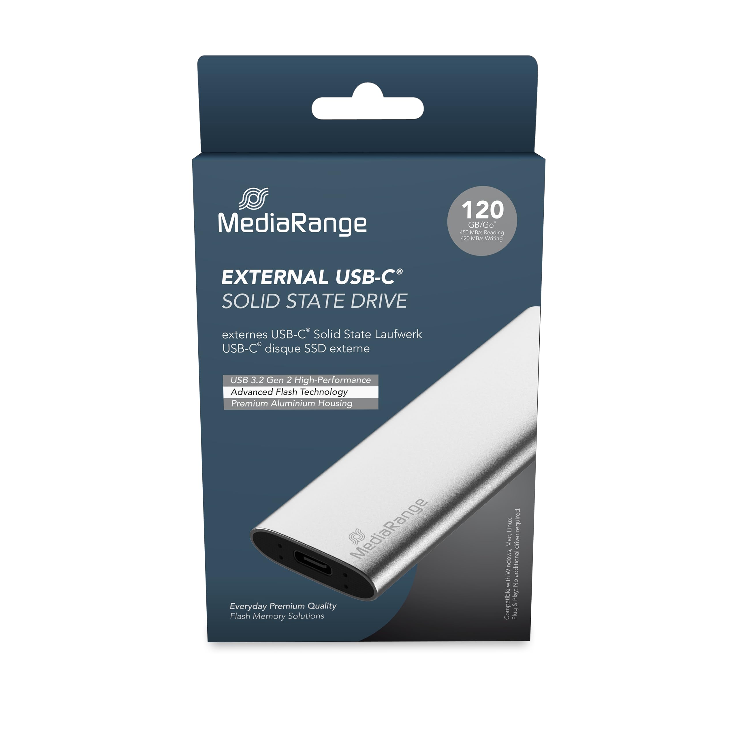 MediaRange 813056 mr1100 disco rigido esterno 120gb usb tipo c argento