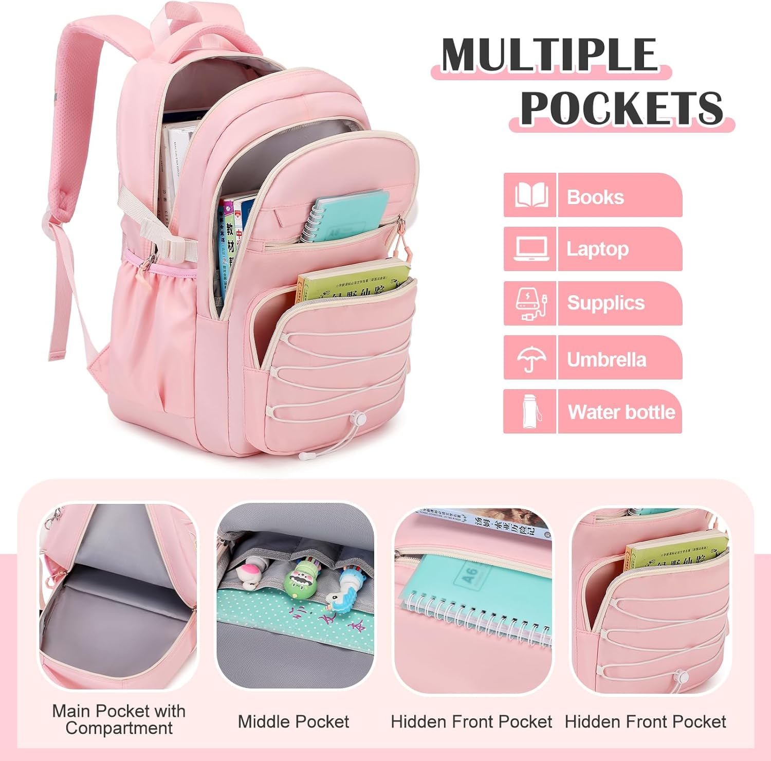 Backpack for Girls, 3 PCS Girls Backpack with Lunch Box, Pencil Cace Set for Teen Girl Kids, Bookbag School Backpacks for Elementary Middle High School College Students Age 3+ Pink - Image 3