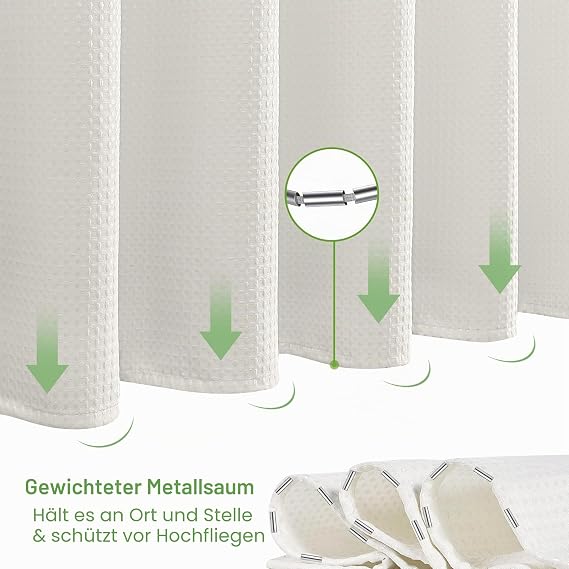 VANZAVANZU Waffel Duschvorhang mit Metall Duschvorhangringe Stoff Textil Badewannenvorhang Anti Schimmel Bad Vorhang Set Wasserdicht Schwerer Badewanne Vorhang - 182 x 182cm (Creme)