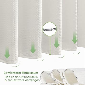 VANZAVANZU Waffel Duschvorhang mit Metall Duschvorhangringe Stoff Textil Badewannenvorhang Anti Schimmel Bad Vorhang Set Wasserdicht Schwerer Badewanne Vorhang - 182 x 182cm (Creme)