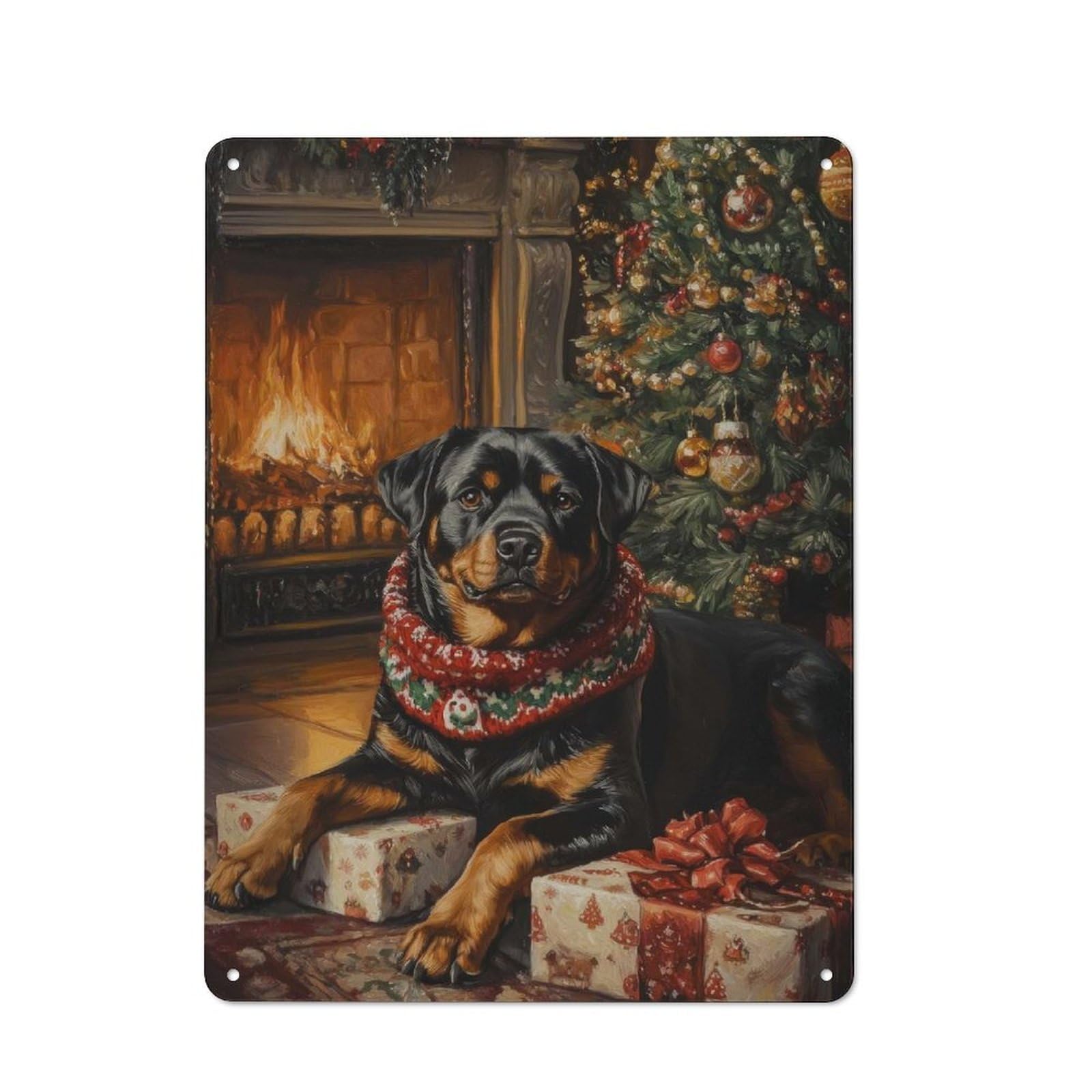 Junmoney Rottweiler Christmas Portrait Christmas Tree Dog Print Printed Metal Sign 40X30cm For Café Or Restaurant, New-Space Wall Decor For Café Owners And Decorators
