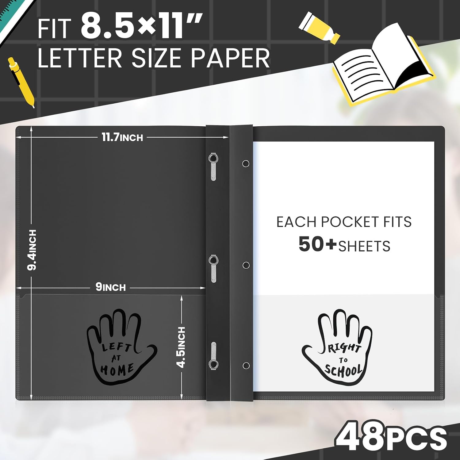 Henoyso 48 Pcs Take Home Folder with Pocket and Prong, Black image 2