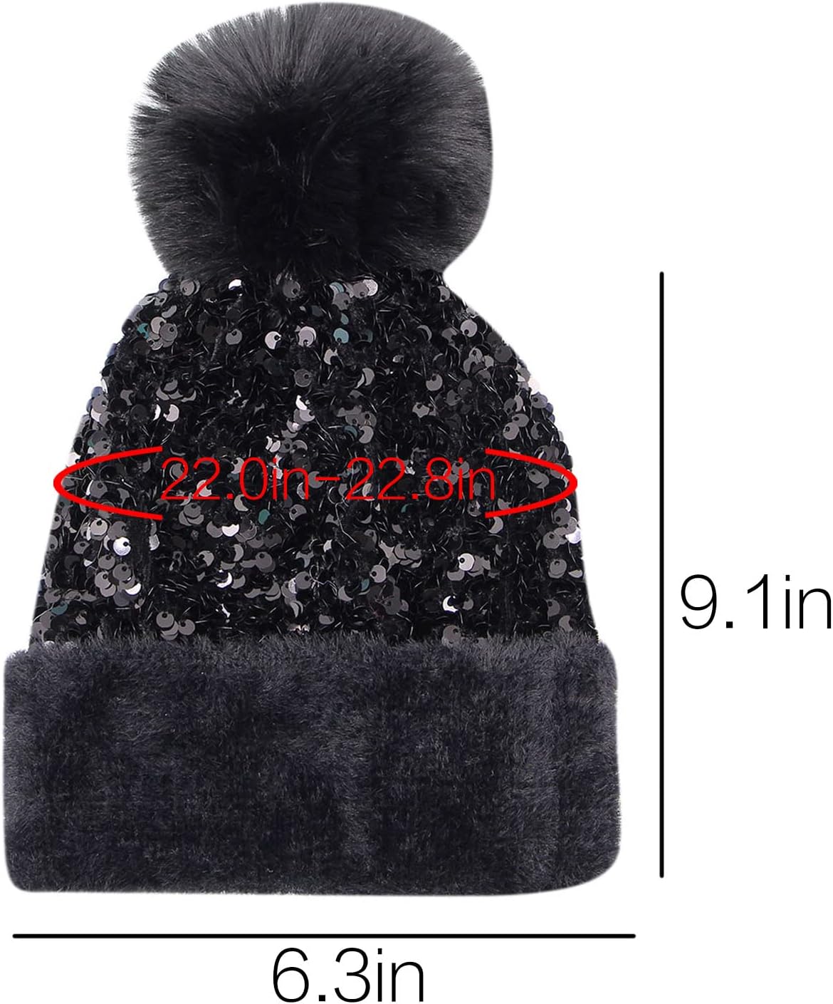 Women Girls Winter Sequin Beanie Hat with Faux Fur Pom Pom Knit Skull Cap - Image 5