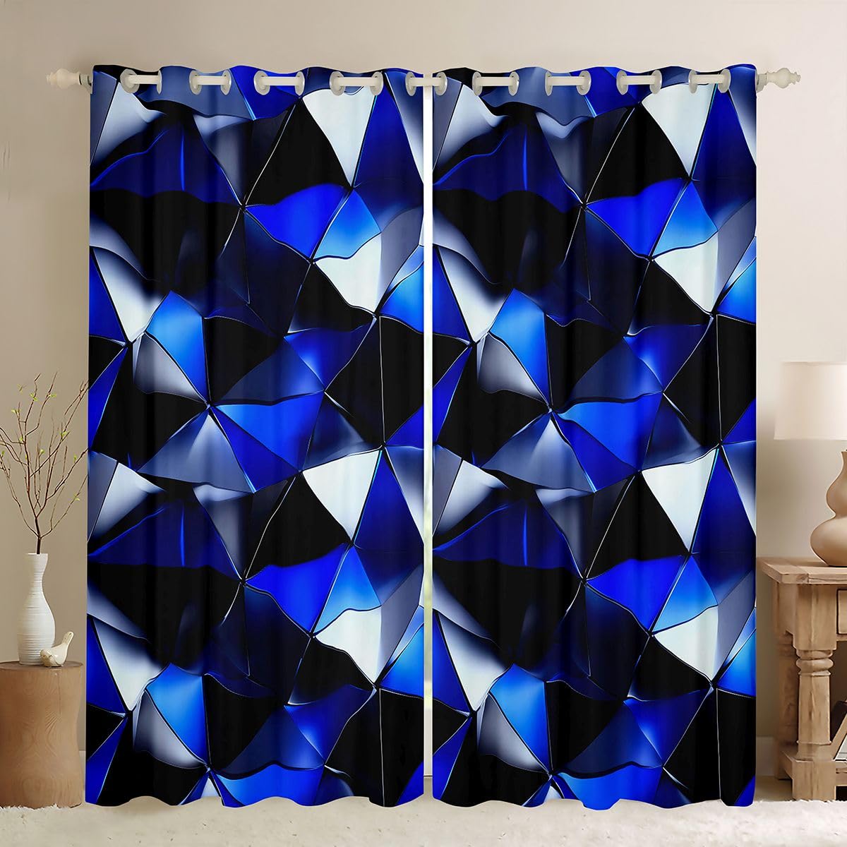 Homemissing Cortinas geométricas negras y azules para dormitorio, sala de estar, cortinas opacas abstractas 3D, cortinas opacas artísticas estéticas para oscurecer la habitación, 2 paneles de 46 x 72