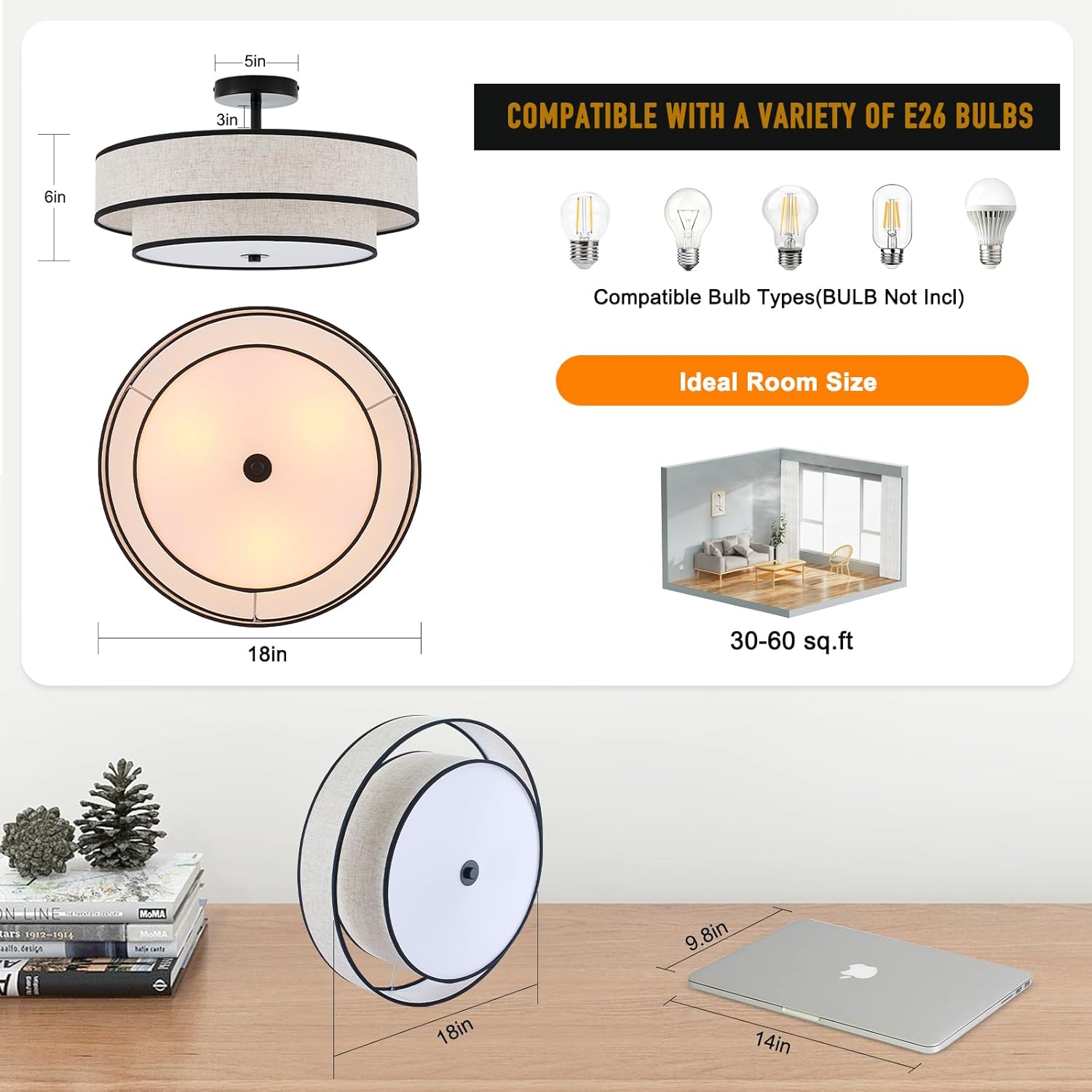 3-Light Drum Semi Flush Mount Ceiling Light, 18" Modern Black Ceiling Lighting Fixture, Vintage 2-Tier Linen Ceiling Lighting for Living Room, Bedroom, Kitchen, Dining Room, Hallway, Entryway