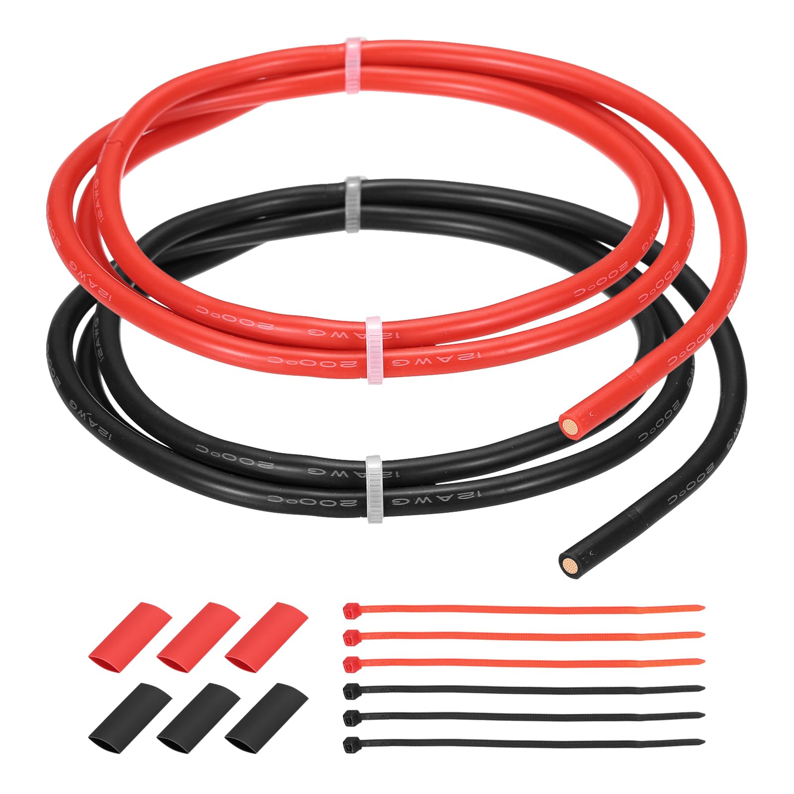 QUARKZMAN Kabel zasilający 12AWG 1 m, ocynkowany drut miedziany, 3,33 mm², z wężem termokurczliwym, opaska kablowa, przedłużacz, silikonowy, elektryczny kabel głośnikowy, 2 sztuki