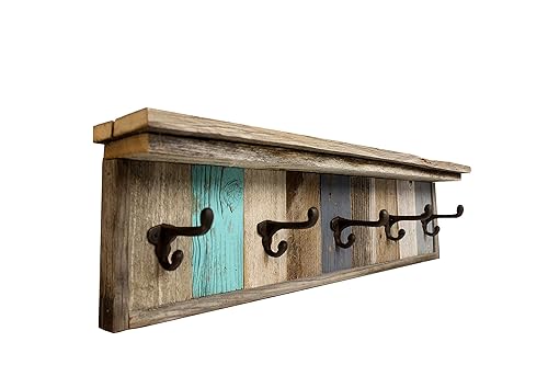 Personalized Reclaimed Barn Wood Coat Rack with 4 inch Deep Shelf Decorative Custom Wall Mounted Entryway hooks Rustic Farmhouse Hat Umbrella Tree