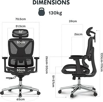 FLEXISPOT ErgoX Ergonomic Office Chair, Executive Mesh Desk Chair with Height Adjustable Seat, Headrest, Armrests & Independent Lumbar Support, Swivel Task Chair, Black