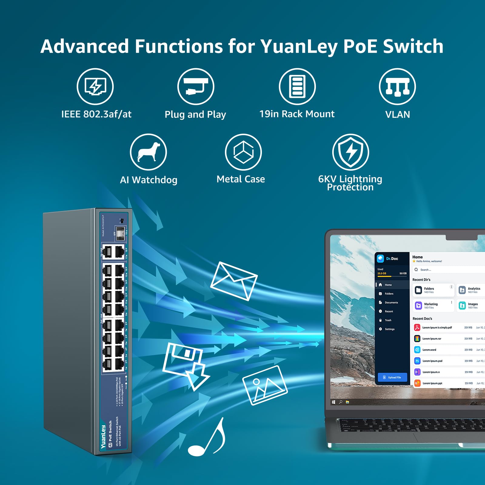 YuanLey 16-Port PoE Switch mit 2 Gigabit Ethernet Uplink, 1 SFP-Port, 250W PoE+ Ports Unterstützung 802.3af/at, Unmanaged Netzwerk Switch mit AI Watchdog, VLAN, 6KV Schutz, Rackmount Plug and Play