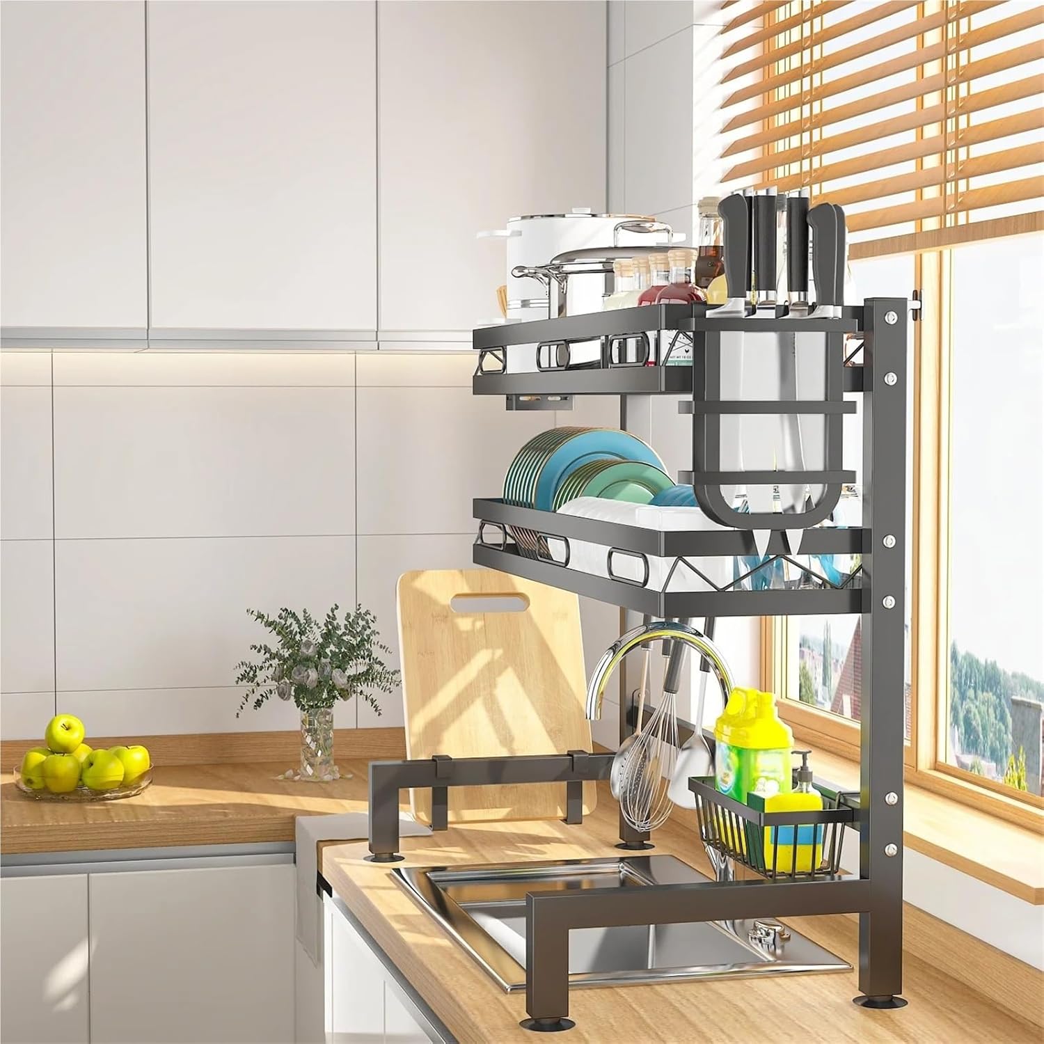 2-Tier Space-Saving Dish Drying Rack, Carbon Steel Kitchen Counter Drainer with Cutting Board Holder(1-Tier_L)