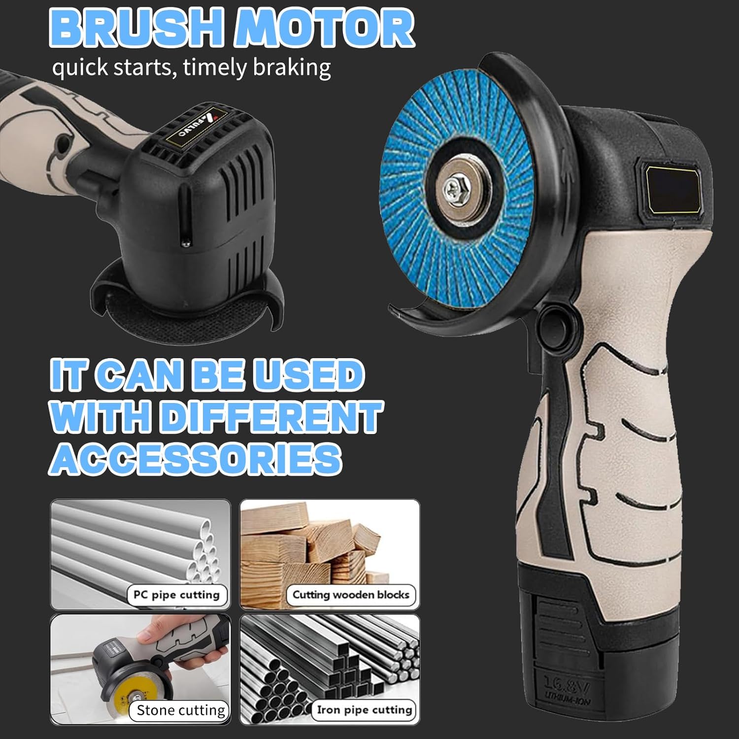 Brushless Cordless Angle Grinder Kit, Mini Electric Angle Grinding Tool with 2pcs 16.8V 2000mAh Batteries and 20-Cutting Discs, Power Angle Grinder for Wood Metal Stone Concrete