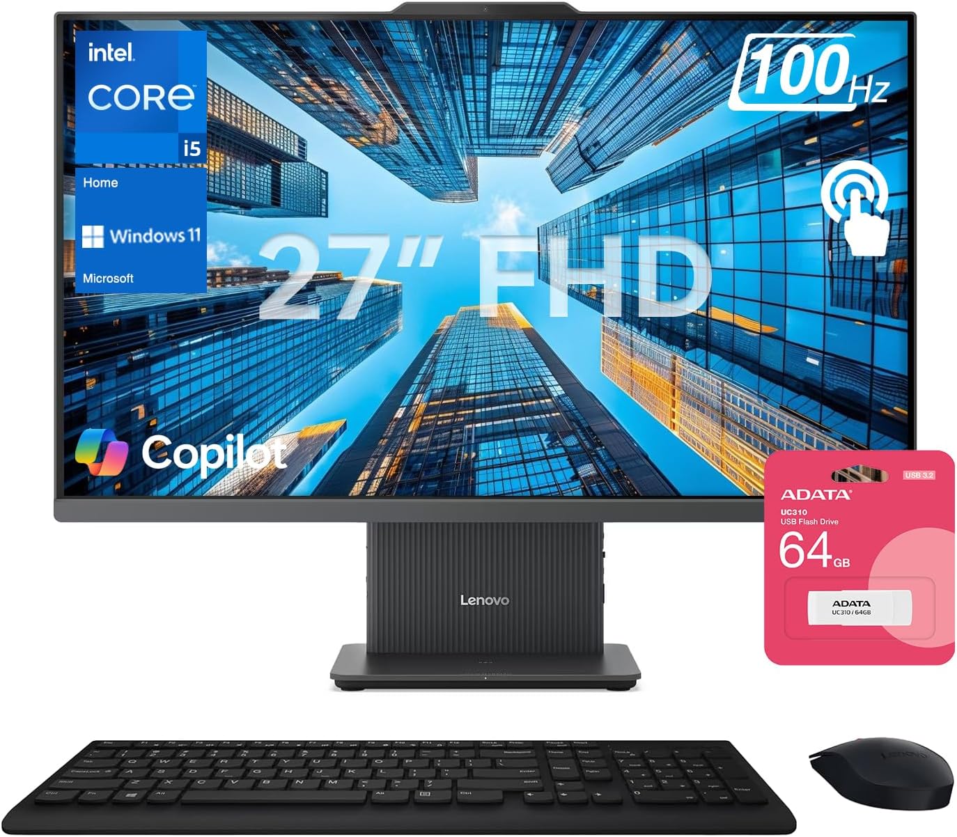 Lenovo IdeaCentre I Premium Business All-in-One, Next Gen AI, 27" FHD Touchscreen 100Hz, i5-13420H, 16GB DDR5 RAM, 1TB SSD, Wi-Fi 6, Wireless KB &M, W11H, Bundle with ADATA 64GB USB Flash Drive
