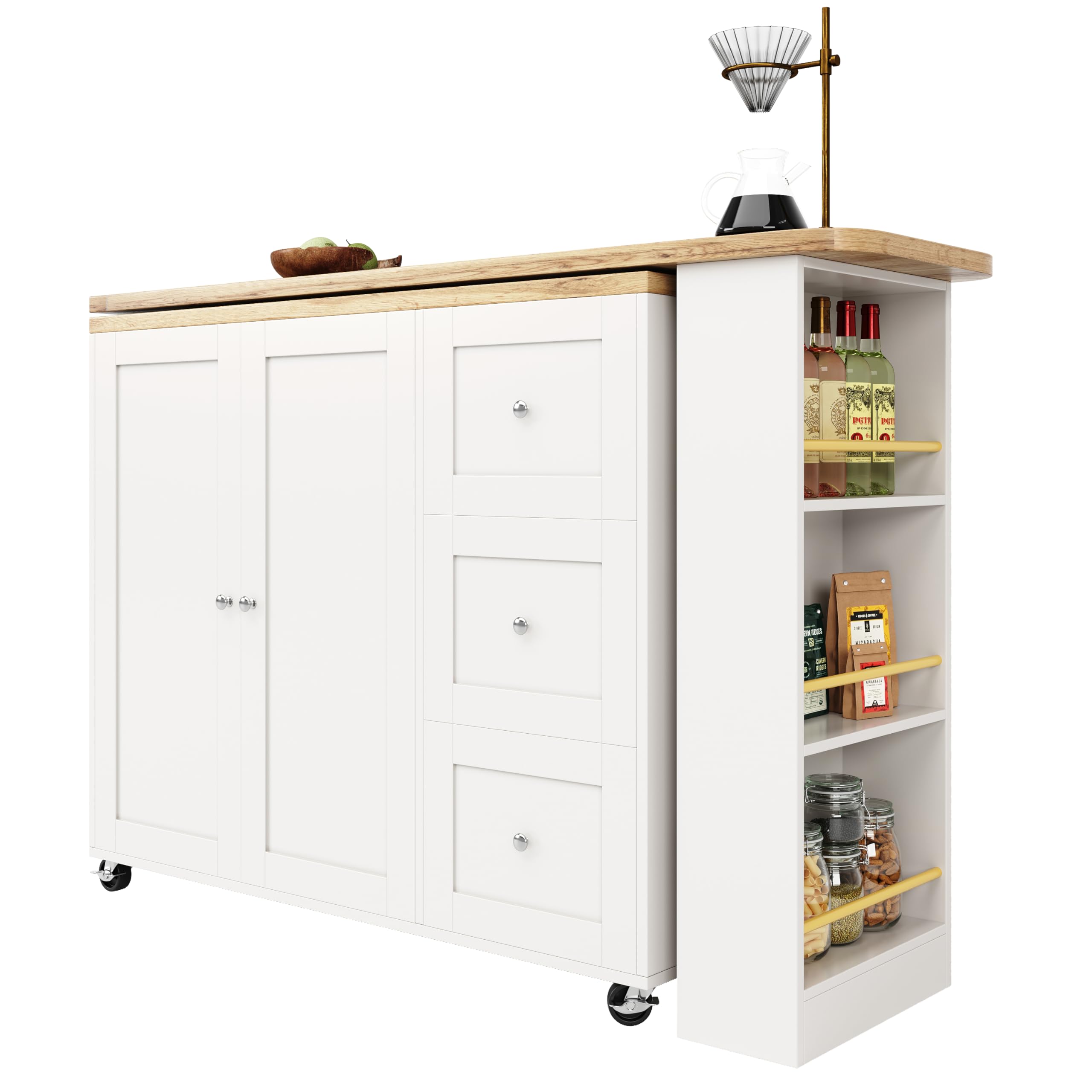 Soweiz Mesa alta giratoria 360° sobre ruedas, con tres cajones, viene con soporte para aperitivos, isla de almacenamiento multifuncional, adecuada para cocina y sala de estar, (138-209 x 39 x 106 cm