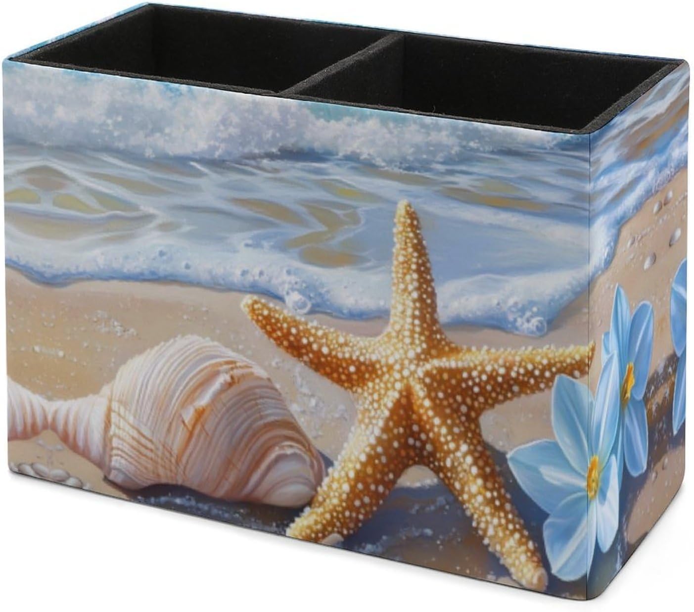 Ocean Waves Shells And Starfish Pencil Pen Holder PU Leather Desk Storage Organizer Makeup Brush Box