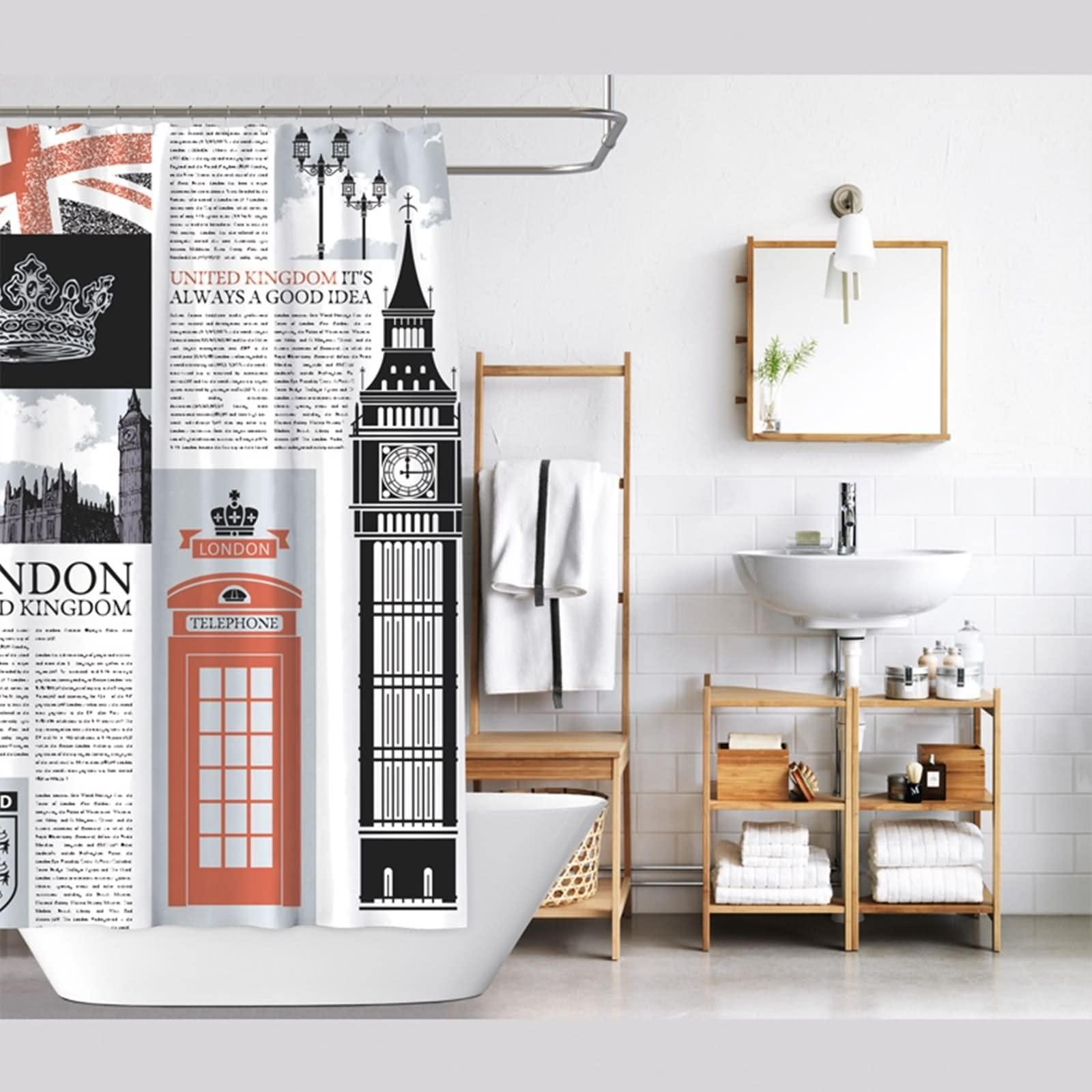 Shower Curtains Long, Duschvorhang Moder Englische Zeitung Mehrfarbig Polyester 200X180cm Badezimmerzubehör