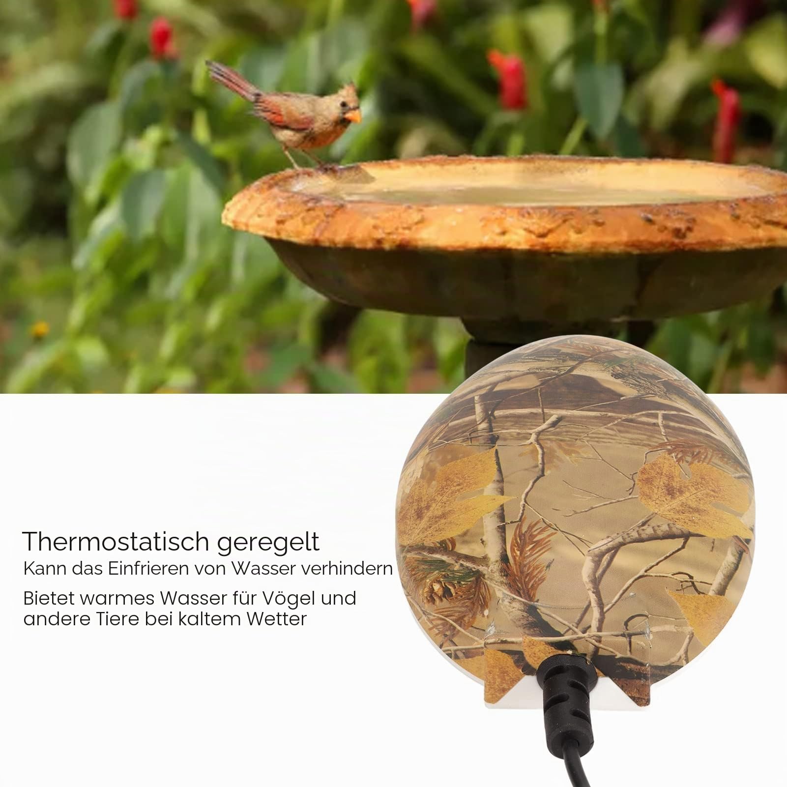 Vogelbad-Heizung, Enteiser, Vogelbad-Enteisung, Im Freien, Teich-Enteisung, Vogelbad-Heizung, Vogelbad, Warmwasserbereiter für Teich, Garten, Innenhof (Color)