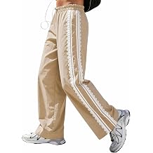 MINSURE Women's Baggy Wide Leg Track Pants Lace Side Stripe Elastic Waist Drawstring Hiking Pants with PocketsKhaki-S