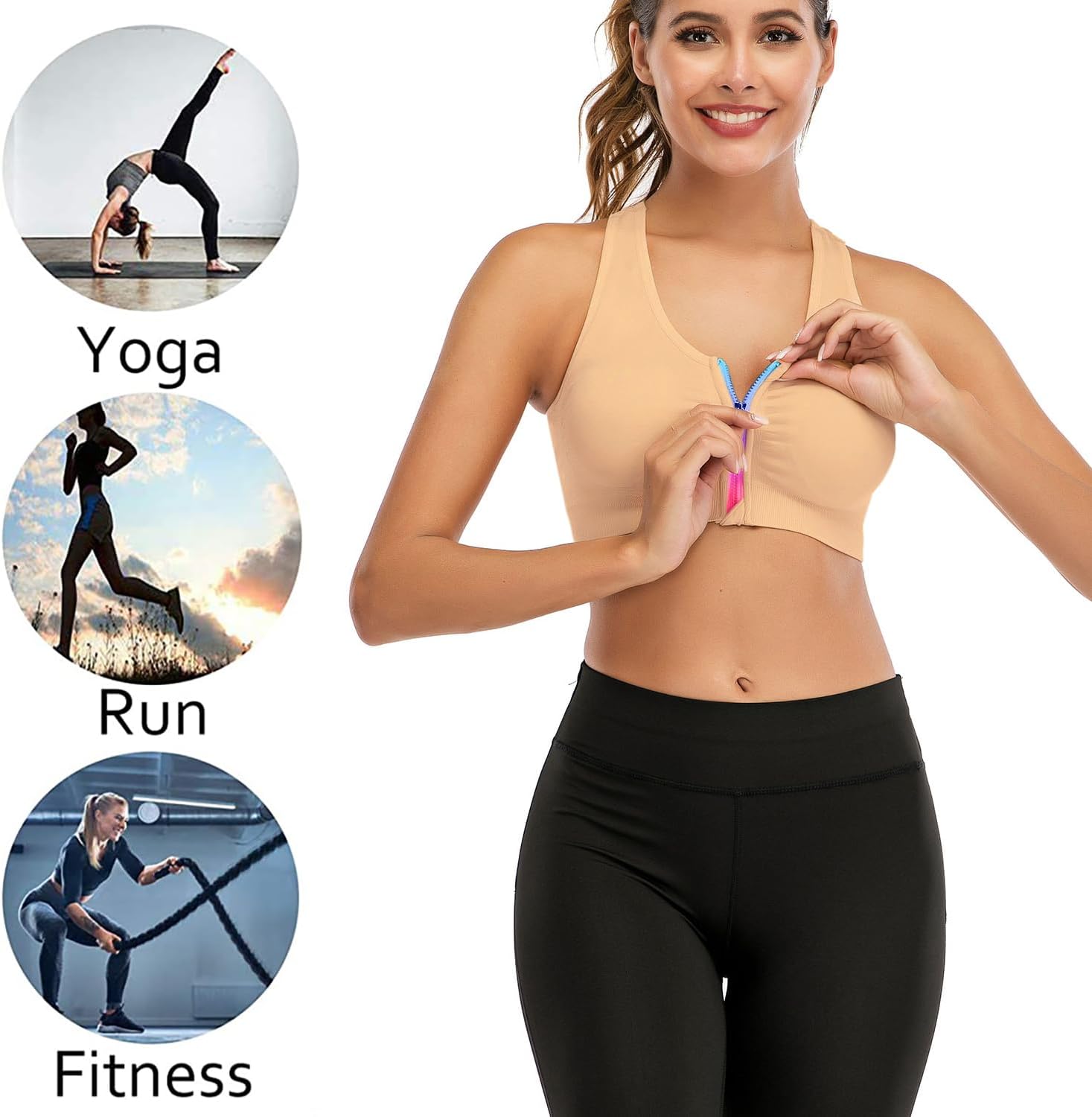 Womens Zip Front Sports Bra Wireless Post-Surgery Bra Padded Strappy Medium Support Yoga Exercise Athletic Bras - Image 3