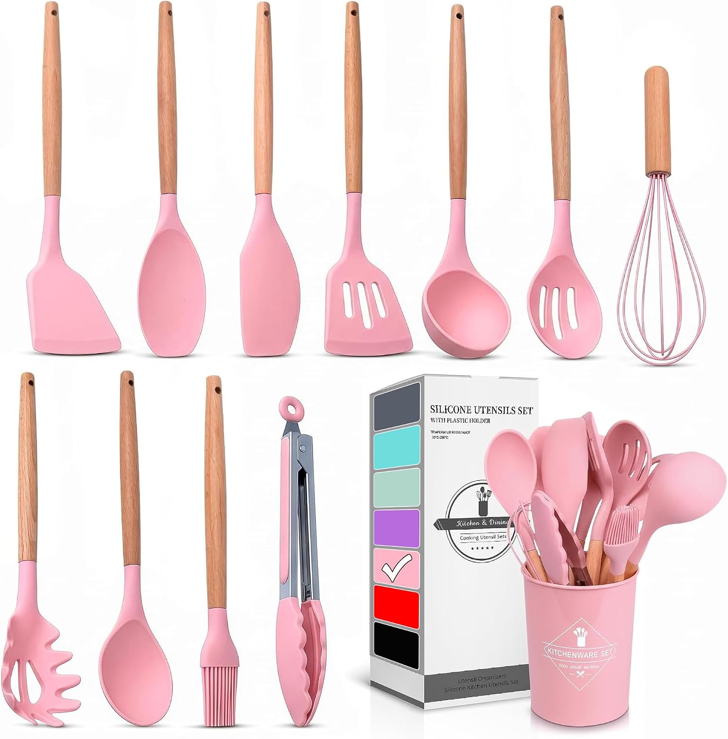 Kitchen Utensils Set with Holder for Nonstick Cookware - 12 Pcs Pink Silicone Cooking Utensils Set, Kitchen Tools for Daily Cooking - Wooden Handle Cooking Tools for Baking Serving and Mixing Tasks