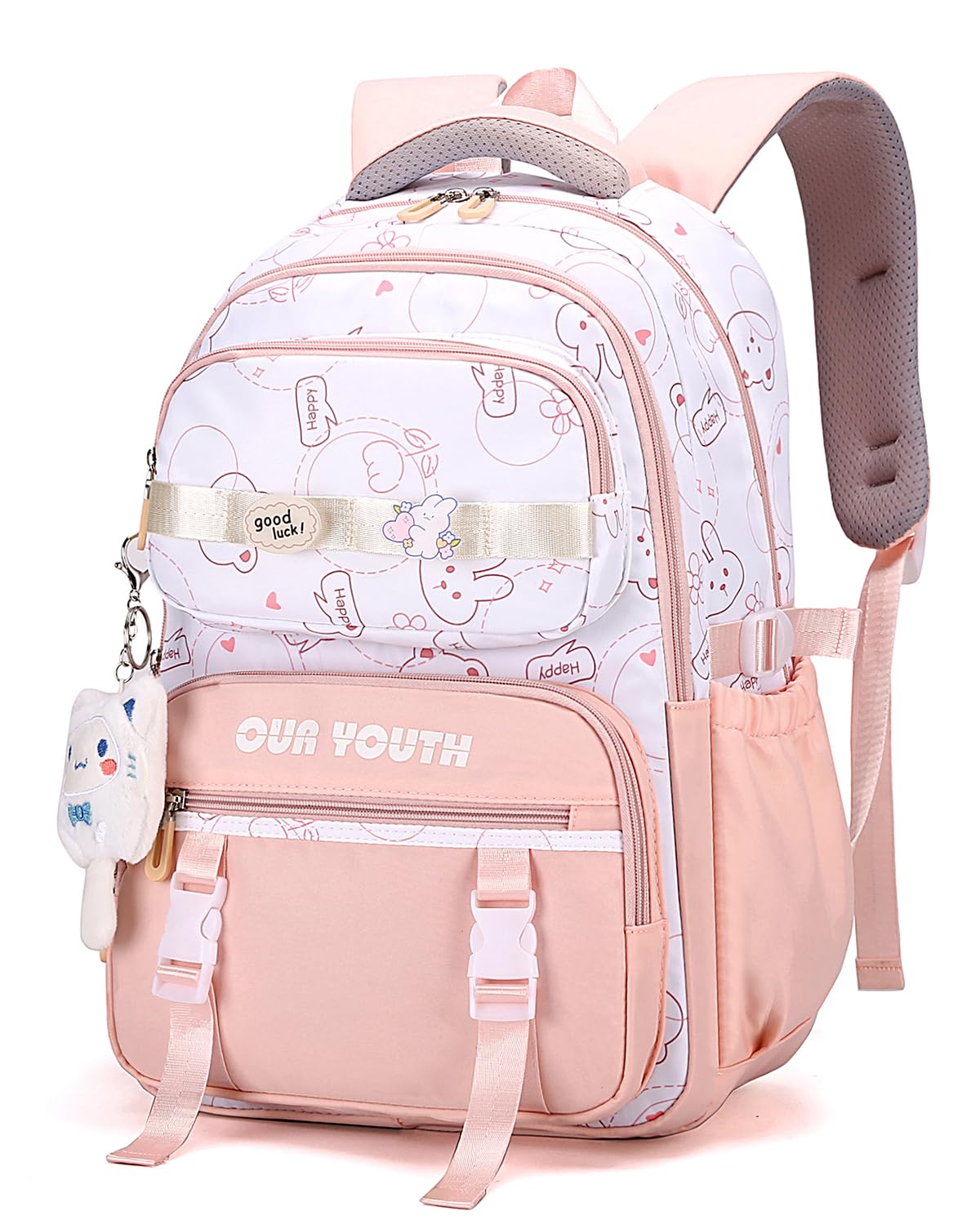 IvyH Mochila Escolar Niña Kawaii - Mochila Colegio Ligera e Impermeable con 32 Litros de Capacidad para Niñas Adolescentes de 8 a 16 Años, Fabricada de Nailon, Incluye Colgante Adorable, Rosa