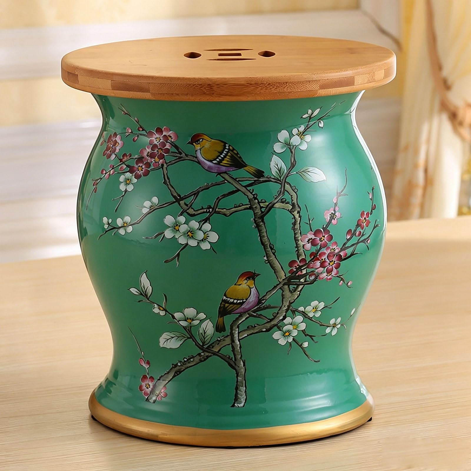 Tabouret de jardin décoratif en céramique vert motif oiseaux
