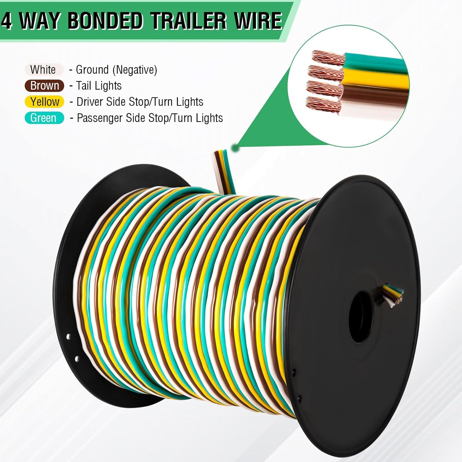 Carrete de cableado para remolque de barco de 100 pies, cable de luz de remolque CCA para todos los remolques de cableado básicos (4 vías, calibre 100 pies-14)