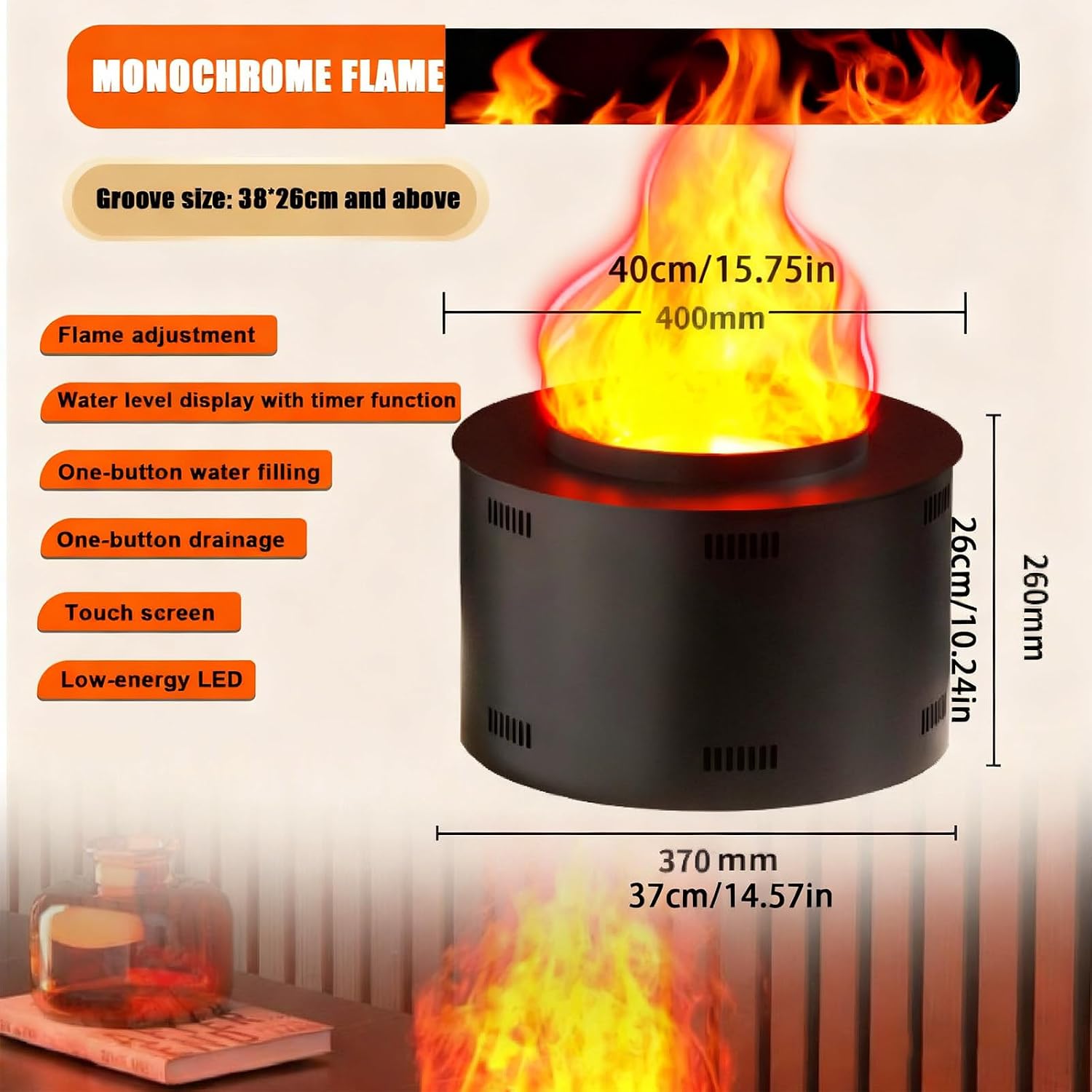 Upgraded Electric Fireplace with Adjustable Flame Height & Mist Output, 3D Water Vapor Flame -Remote & Touch Control, Matte Black Finish for Modern Home/Offic 40cm/15.3in
