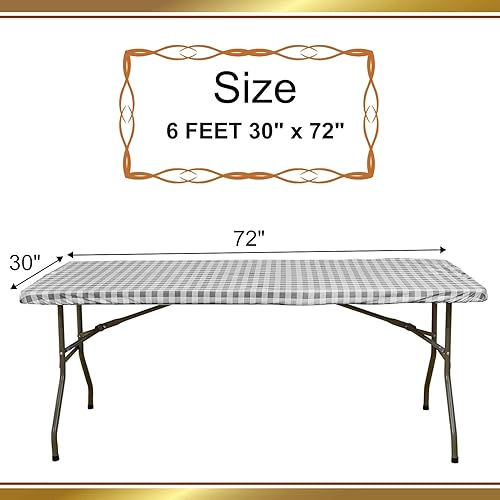 Miniatura 3 de Zhenrui Mantel rectangular elástico ajustable de 6 pies, impermeable, a prueba de derrames, de vinilo, estampado a cuadros grises con franela para