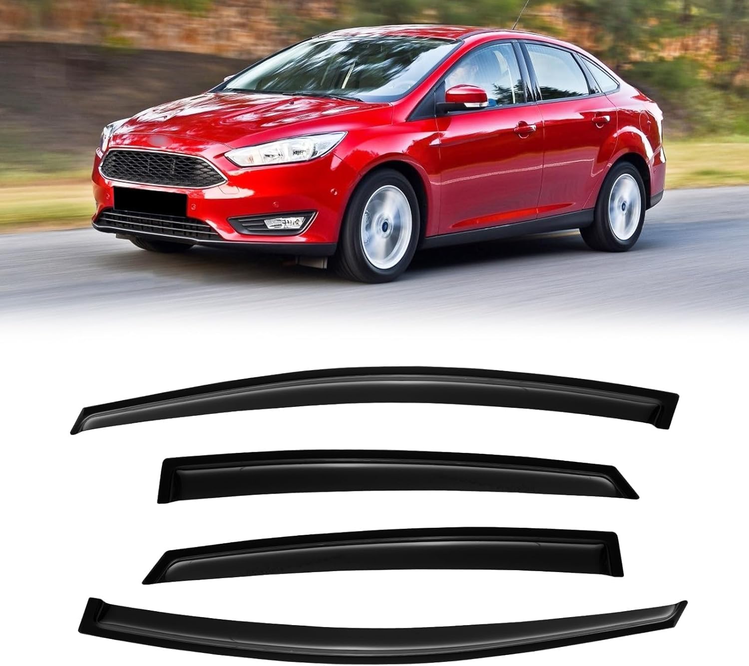 Window Visors for Ford Focus 2012-2018 Sedan (Not fit rs), Rain Guards Shields Vent Deflector Shade Dark Smoke 2013 2014 2015 2016 2017, Tape-On, 4PCS