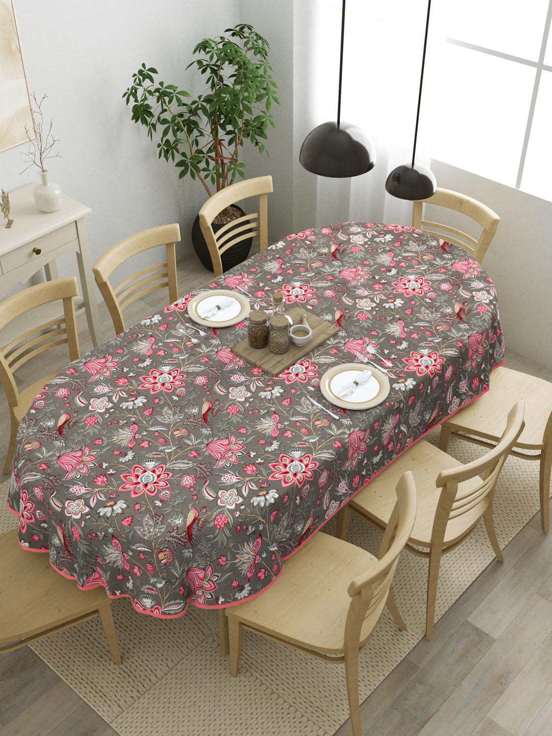 Clasiko 8 Seater Oval Dining Table Cover; 60x108 Inches; Material - Cotton; Pink Flowers