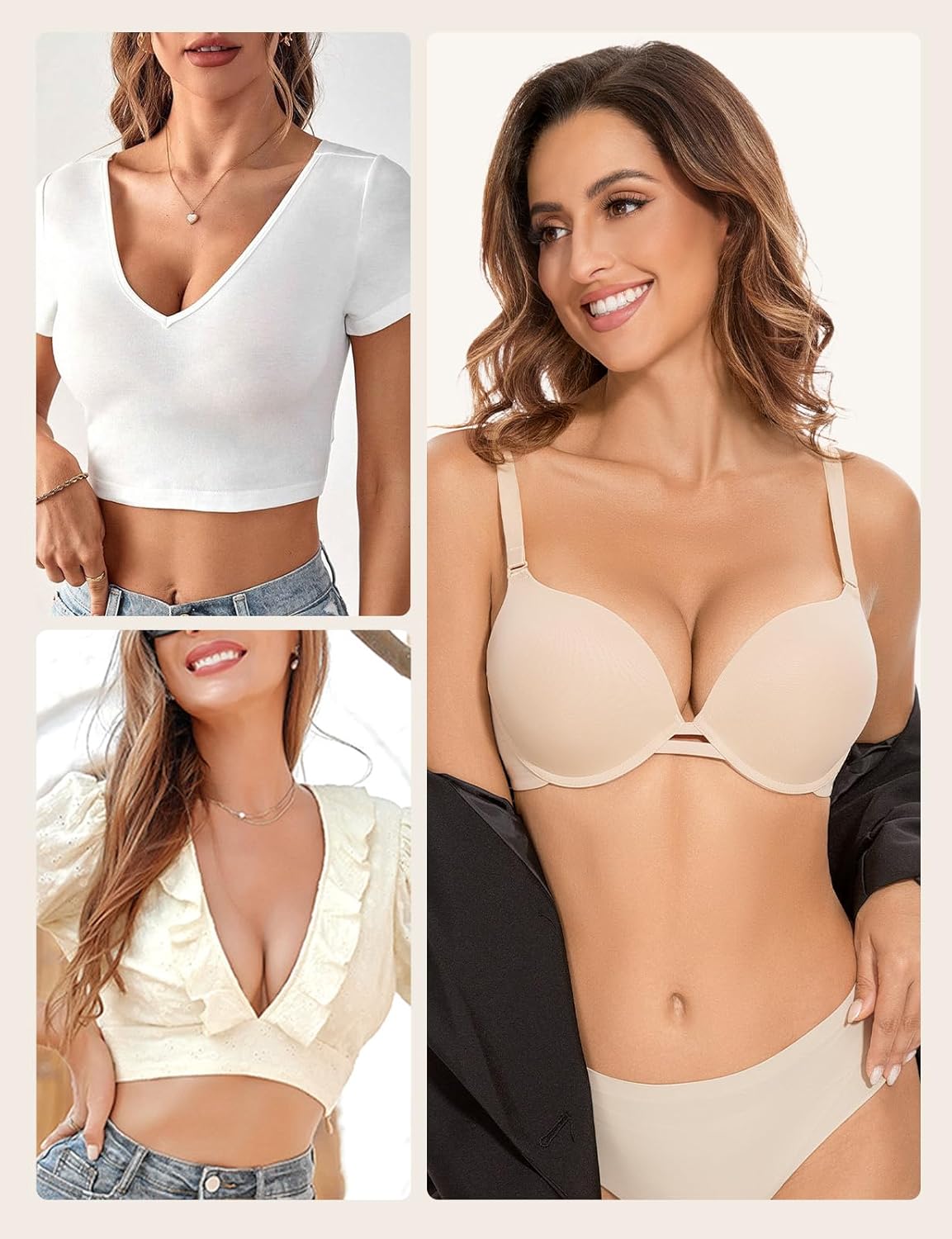 YBCG Push Up Plunge Bra Padded Add 2 Cups Size Low Cut T-Shirt Bras Deep V Underwire Seamless for Women - Image 6