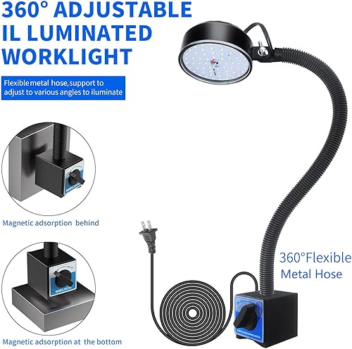 Miniatura 5 de Luz de trabajo magnética de 20 W, luz LED para máquina con cuello de cisne flexible de 20 pulgadas y base magnética, lámpara magnética para taller,
