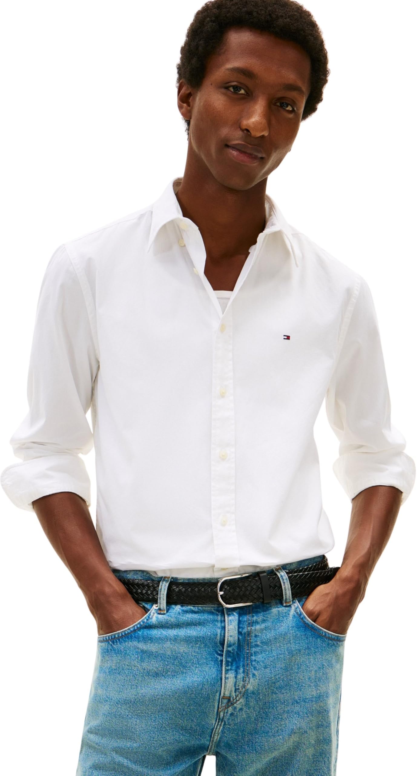 Tommy Hilfiger Core Flex Poplin Solid RF Shirt MW0MW39988 L/​S Camicia da Uomo, Bianco, M, Bianco (Bianco), M