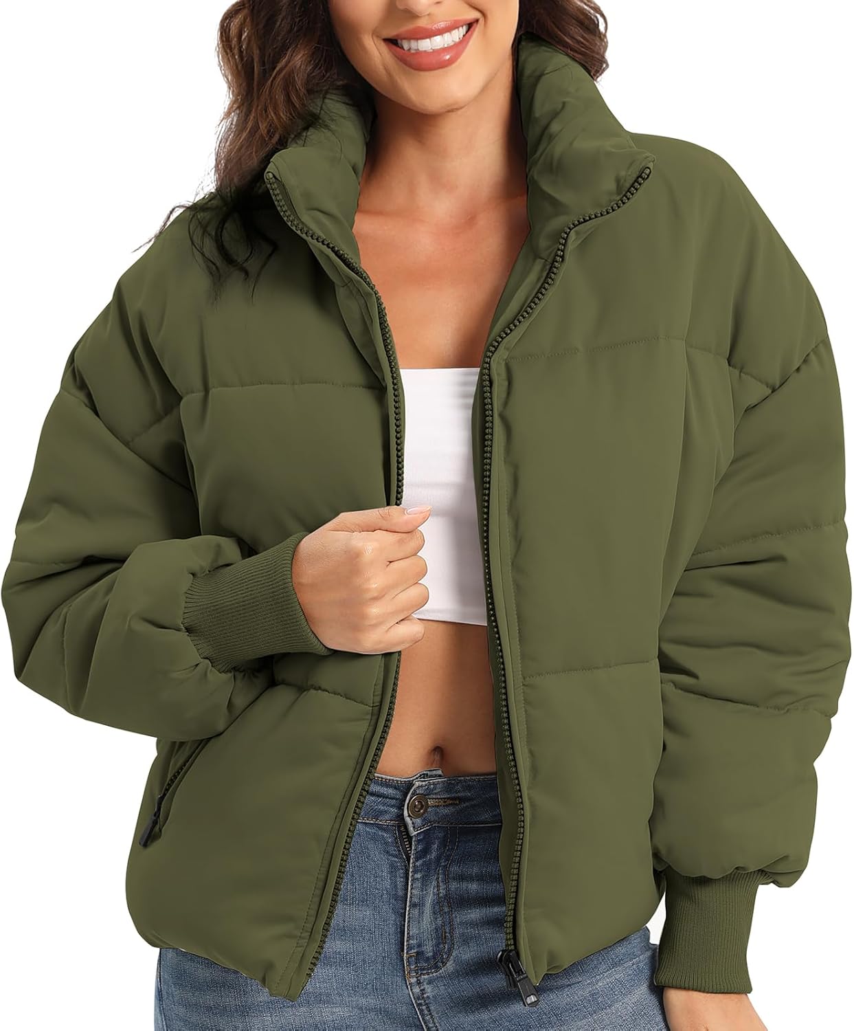 Women's Winter Coat Puffer Jacket, Quilted Down Cropped Lightweight without Hood for Snow Warm - Image 2