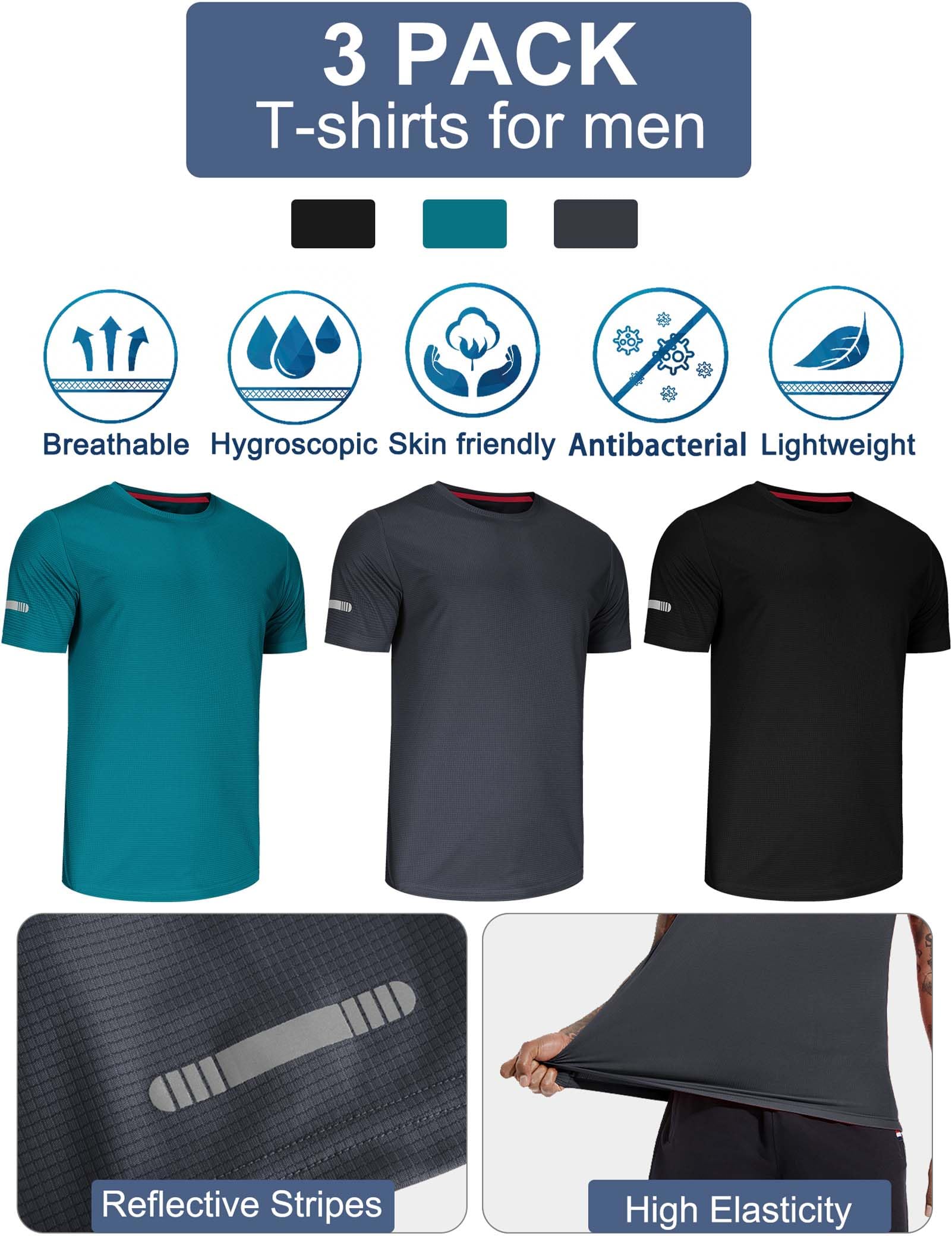 3 Pack Sport Tshirts Męskie koszulki funkcjonalne Koszula do biegania Letnia koszula fitness Koszula treningowa Koszula turystyczna do biegania Trening Bodybuilding-Black/Grey/Green-3XL
