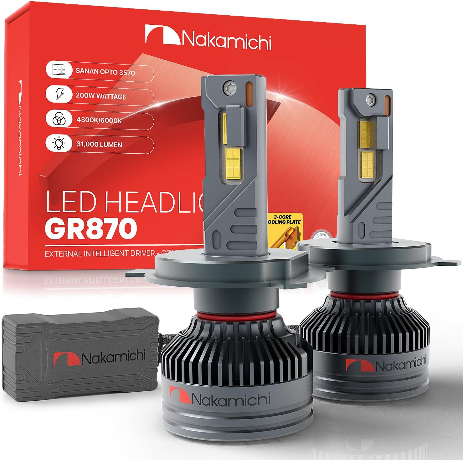 Nakamichi GR870 Series H4 LED Light Bulbs for Replacement, 31,000 Lumens 200W Per Set, Super Bright Cool White, Plug and Play, High & Low Beam, Pack of 2, 4300K, H4 (HB2 9003)