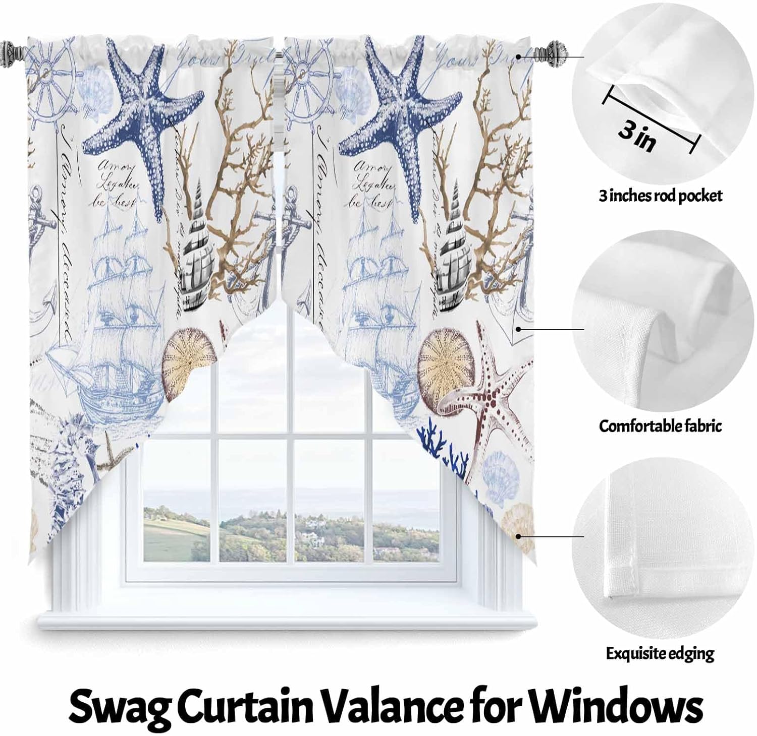 Sea Swag Curtains,Starfish Shell Coral Kitchen Valances Rod Pocket Retro Boat Anchor Curtains Tier Pair Swag Topper,Underwater World 2 Panels Window Treatment for Bathroom Living Room