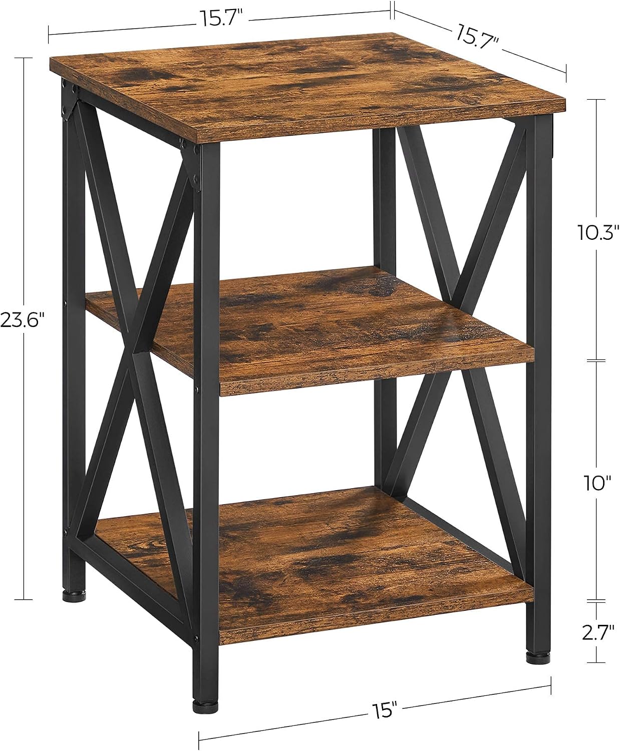 VASAGLE End Table, Side Table with Storage, 15.7 x 15.7 x 23.6 Inch, Nightstand with X-Shaped Steel Frame, Rustic Table for Living Room, Bedroom, Farmhouse 3-Tier, Rustic Brown and Black ULET278B01V1