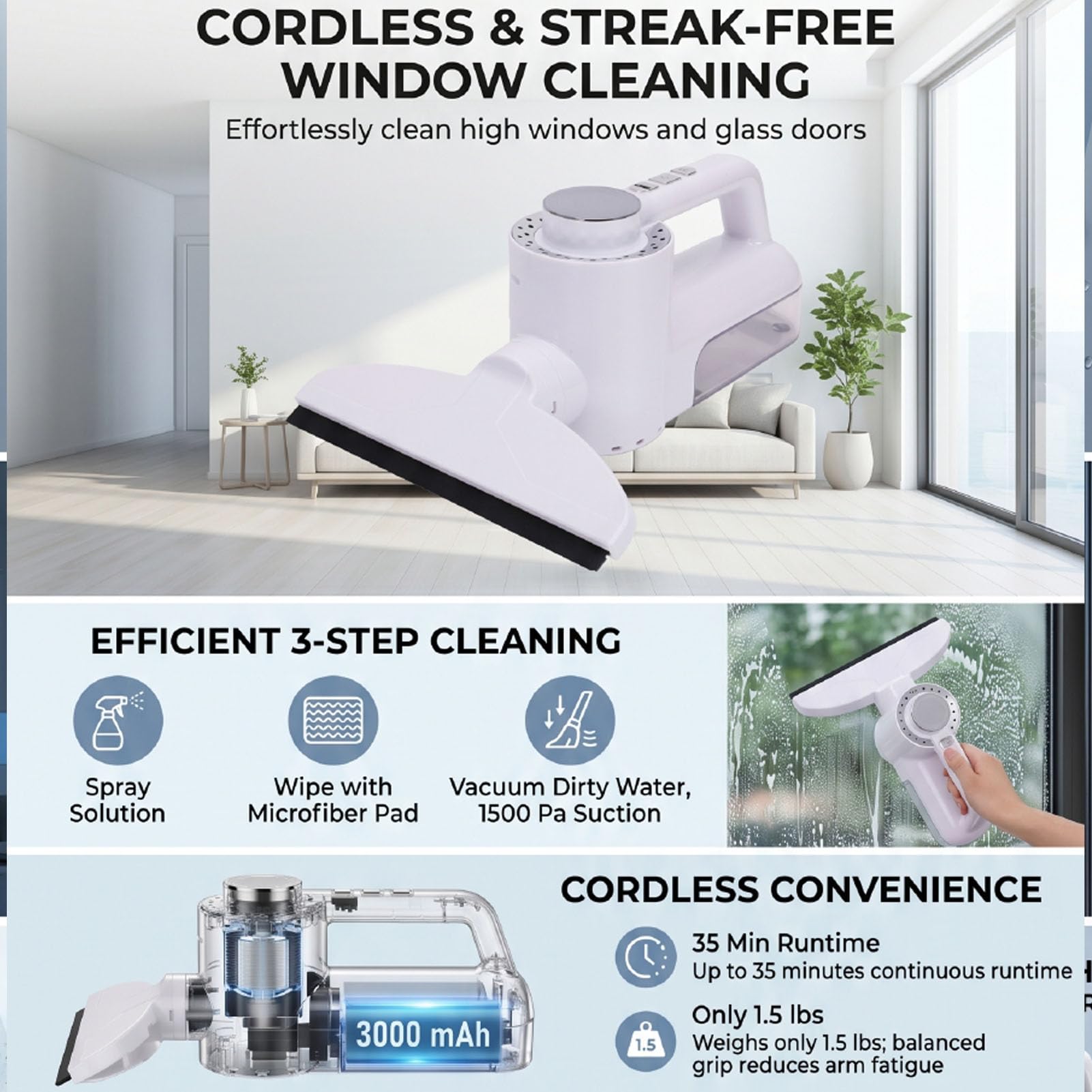 Zunate Limpiacristales Eléctrico Inalámbrico, Recargable, Aspirador de Mano, Succión de 1500 Pa, para Ventanas Altas, Puertas de Vidrio, Mampara de Ducha, Techo, Plateado