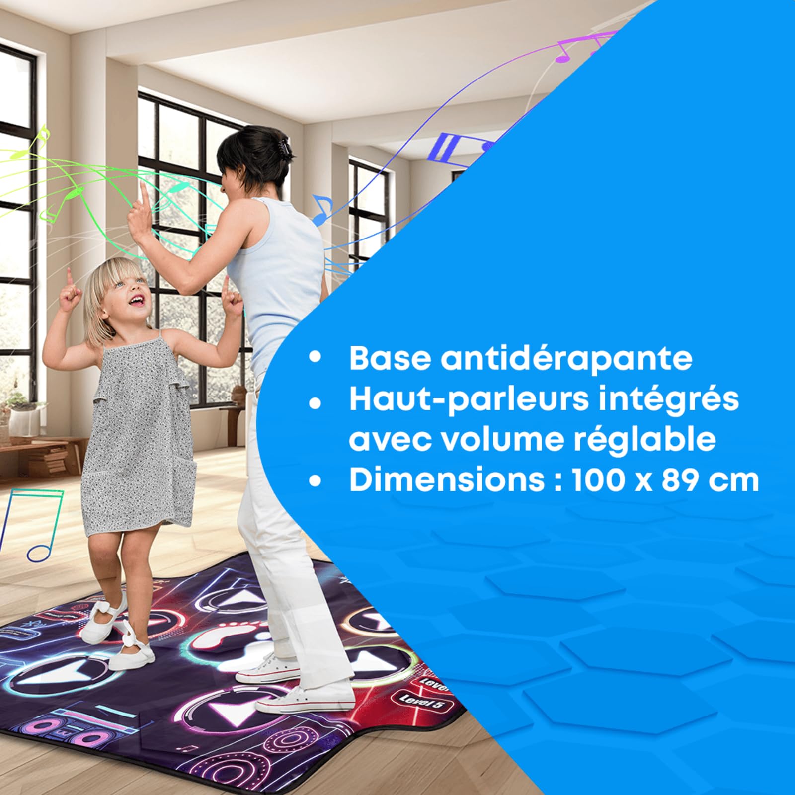 NK Tapis de Danse pour Enfants +5 Annos et Adultes avec Bluetooth 5.0 - Jouet Musical avec 7 Modes de Jeu, Cadeau d'anniversaire Noël, Base Antidérapante et Haut-Parleur à Volume Ajustable (100x89cm)