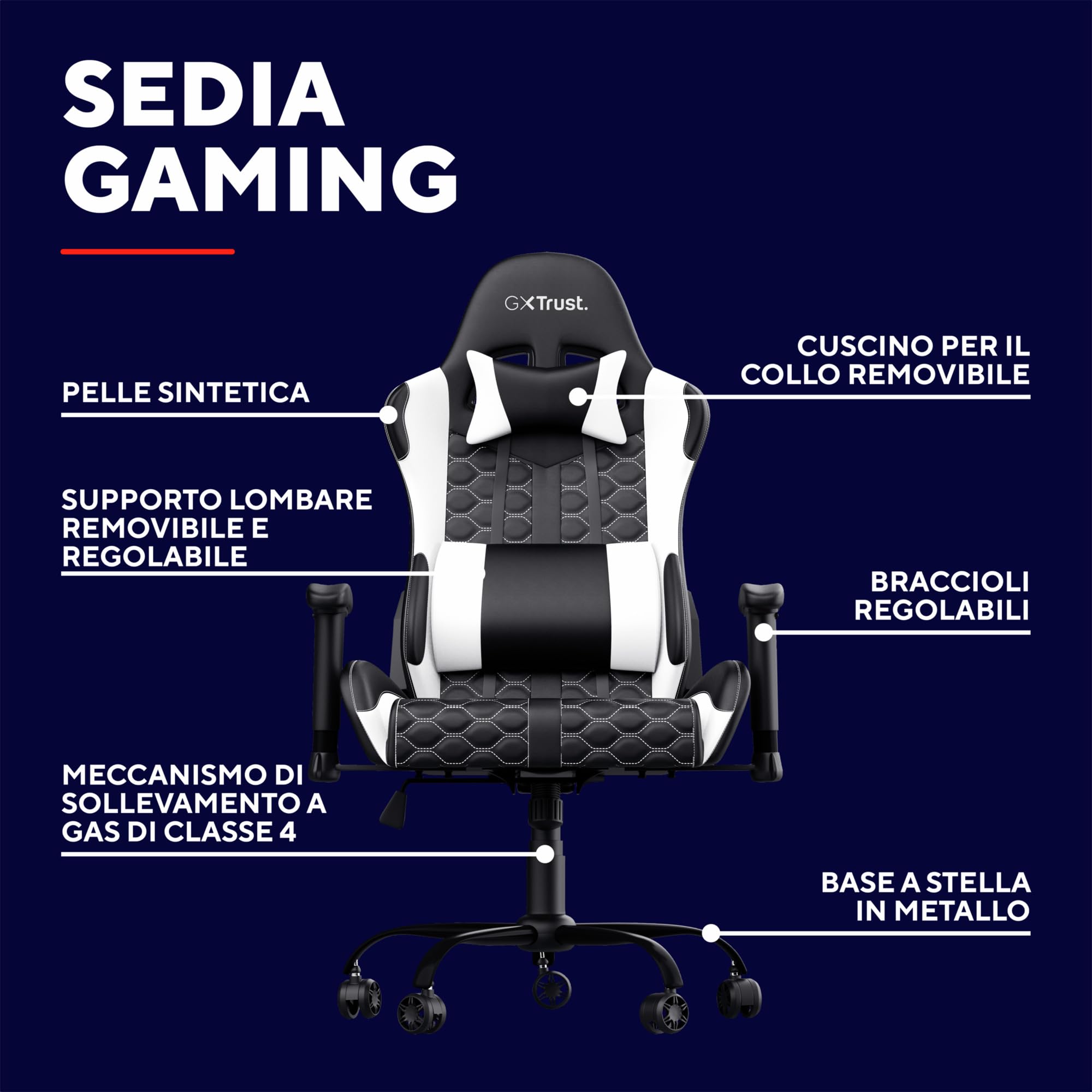 Trust Gaming GXT 708W Resto Sedia Gaming, Sedia 360° con Cuscini Rimovibili, Regolabile in Altezza, Sedia Girevole da Scrivania per PC, Ufficio, per Gioco – Bianco