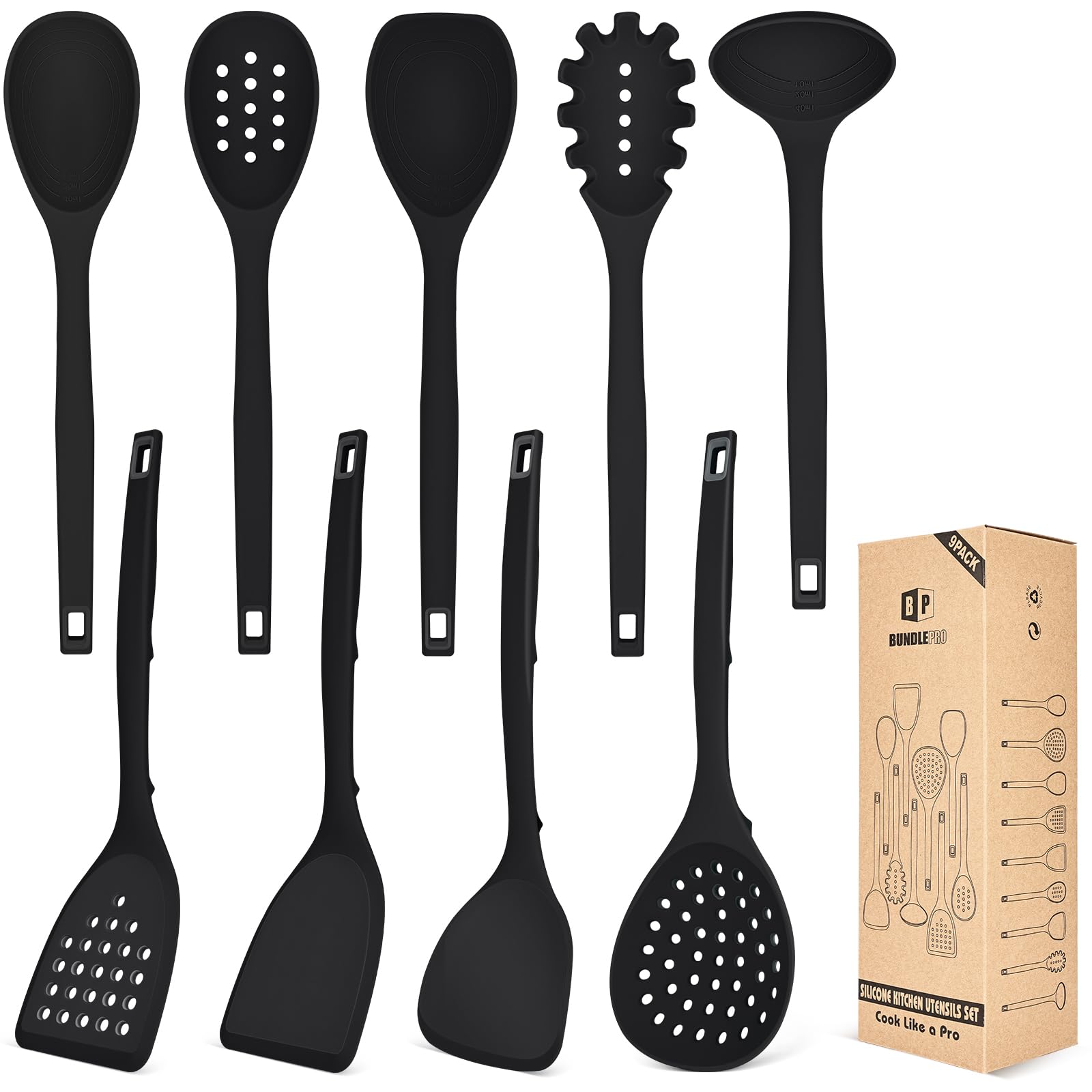 Silicone Cooking Utensils Set, 9 Pcs Heat Resistant Kitchen Utensils with Back Hooks, BPA Free Kitchen Tools with Spatulas, Spoons, Skimmer and Pasta Fork for Non Stick Cookware (Black)