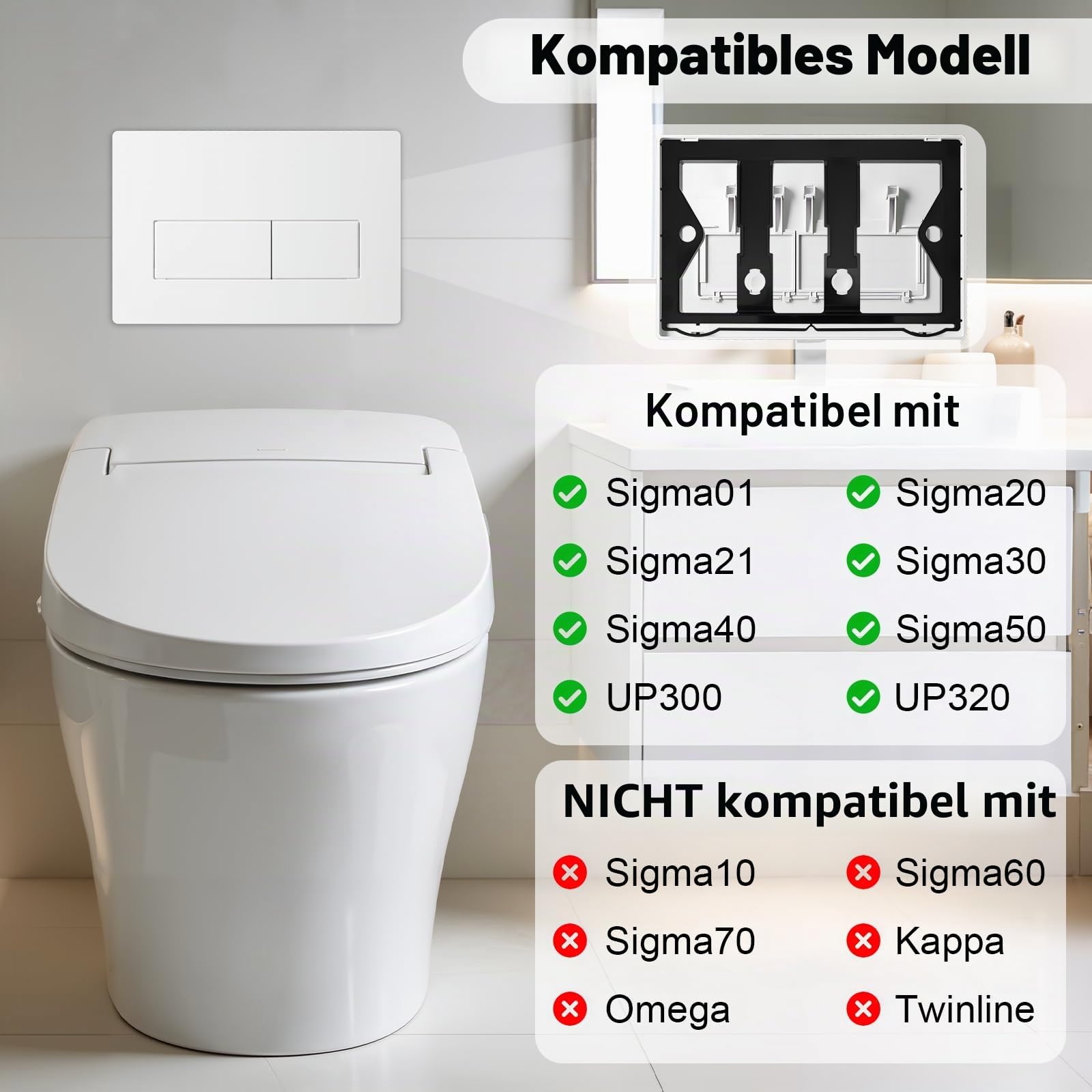 WC Drückerplatte, Kompatibel mit Geberit 01/20/21/30/40/50, UP300 & UP320 Serien Betätigungsplatten, Doppelspülung, ausgestattet mit Spülhebel-Set und Einbaurahmen (Weiß, 245 * 164 mm)