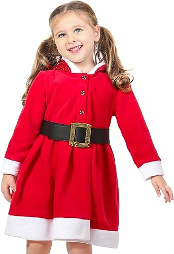Lilax Vestido rojo con capucha brillante de Papá Noel con cinturón para niñas pequeñas
