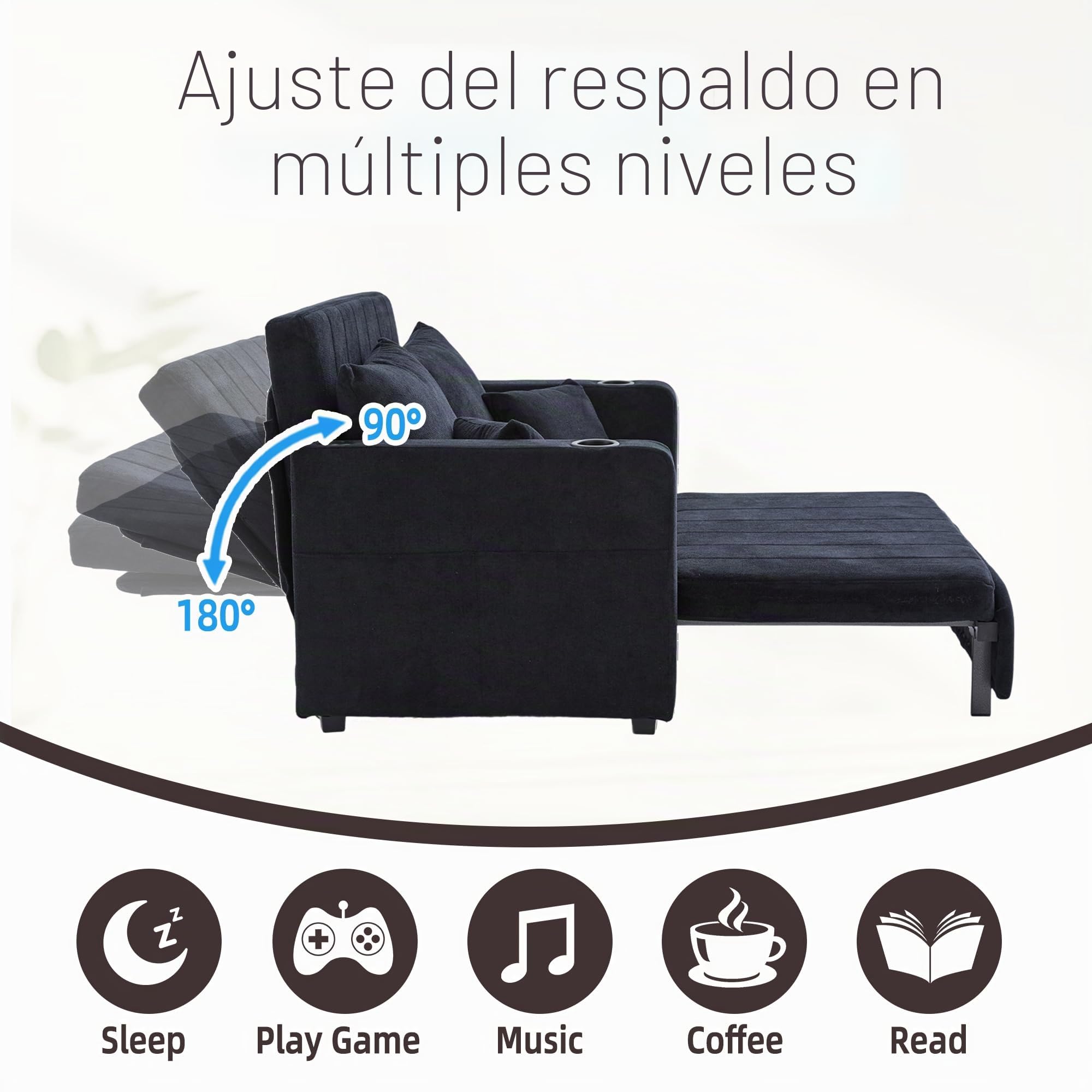 Sofá de dos plazas con función de dormir, sofá cama extensible, sofá plegable multifuncional, con bolsa de almacenamiento, portavasos y 4 cojines, sofás pequeños para espacios pequeños, color negro