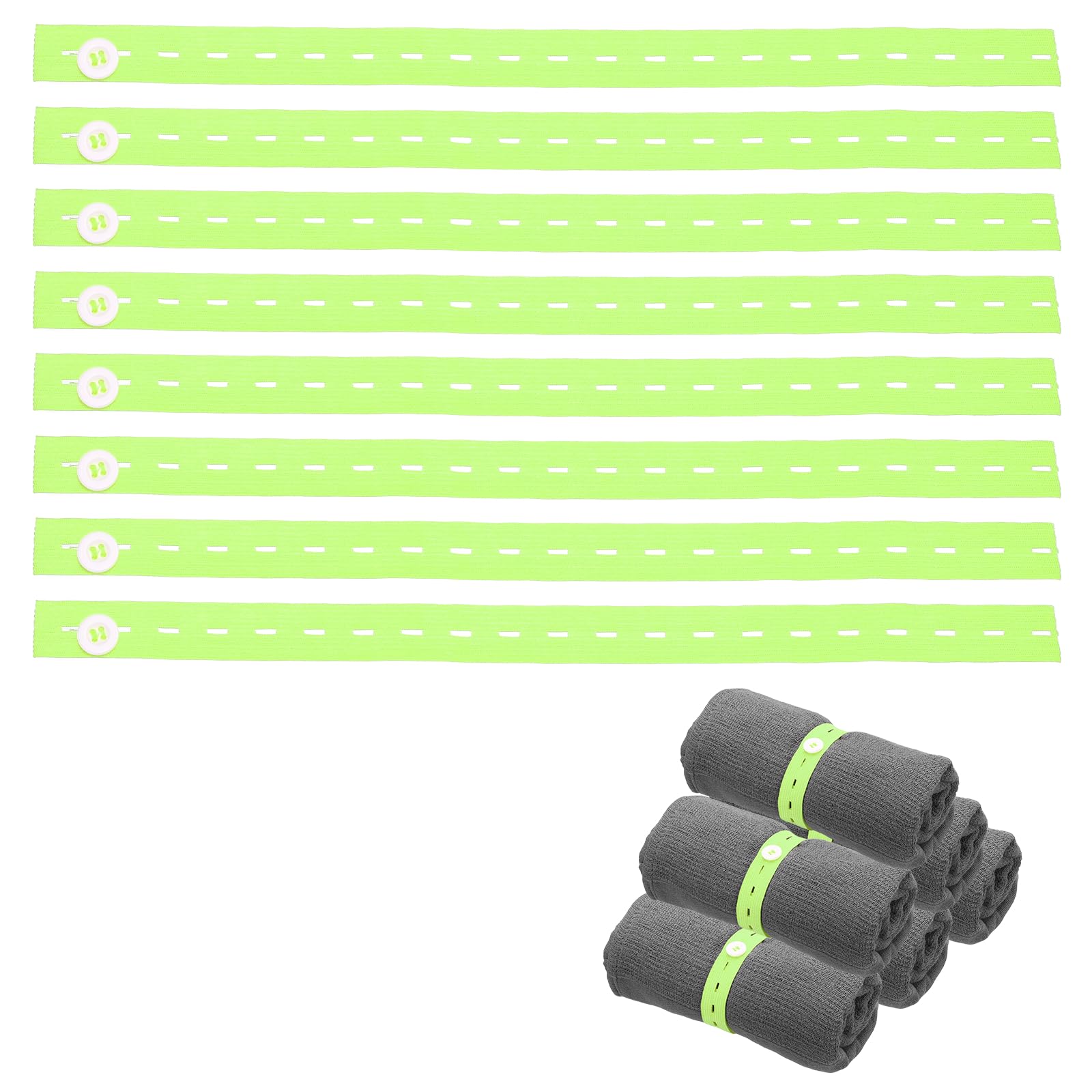 sourcing map 15Pcs Roll-up Clothes Storage Elastic Band, Adjustable Clothing Storage Strap with Button Travel Luggage Space Saver for Drawer Closet Bedsheet Towel Pants, Grass Green