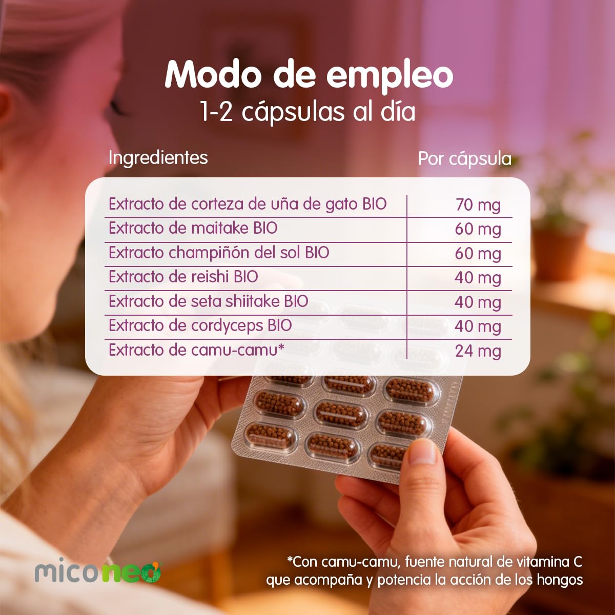 MICO NEO | DEF | 60 Cápsulas | Suplemento Alimenticio de Hongos Naturales Para Mejora de Las Defensas | Con Reishi, Shiitake, Maitake, Cordyceps, Champiñón del Sol y Uña de gato
